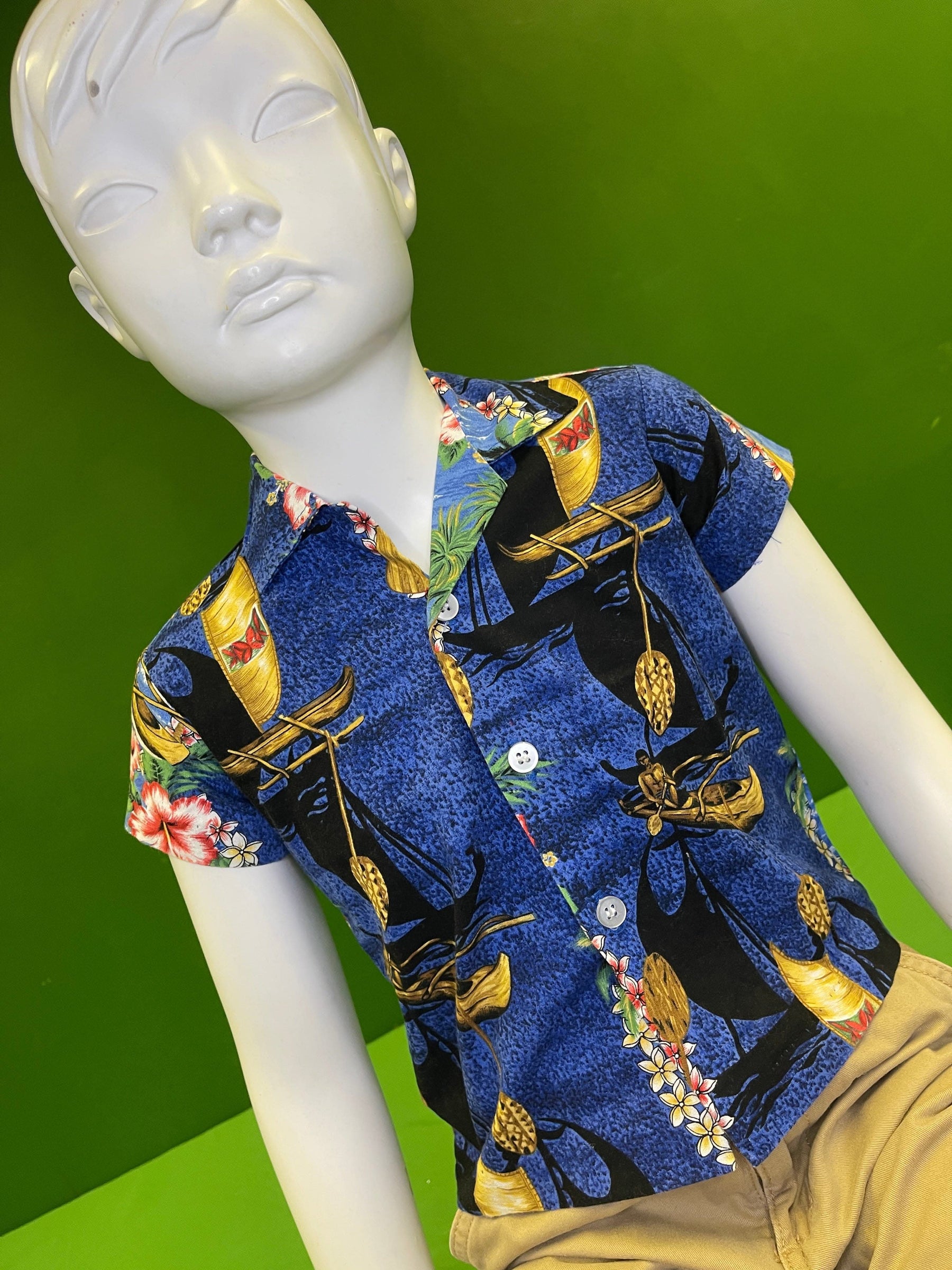 Made in Hawaii Blue Canoe Design Hawaiian Aloha Shirt Toddler 24 Months 2T