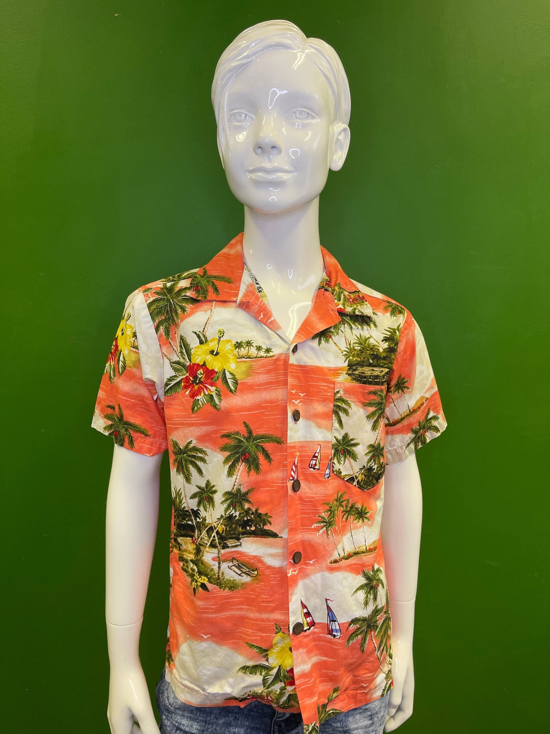 Made in Hawaii Orange Palm Tree Design Hawaiian Aloha Shirt Youth Medium 10