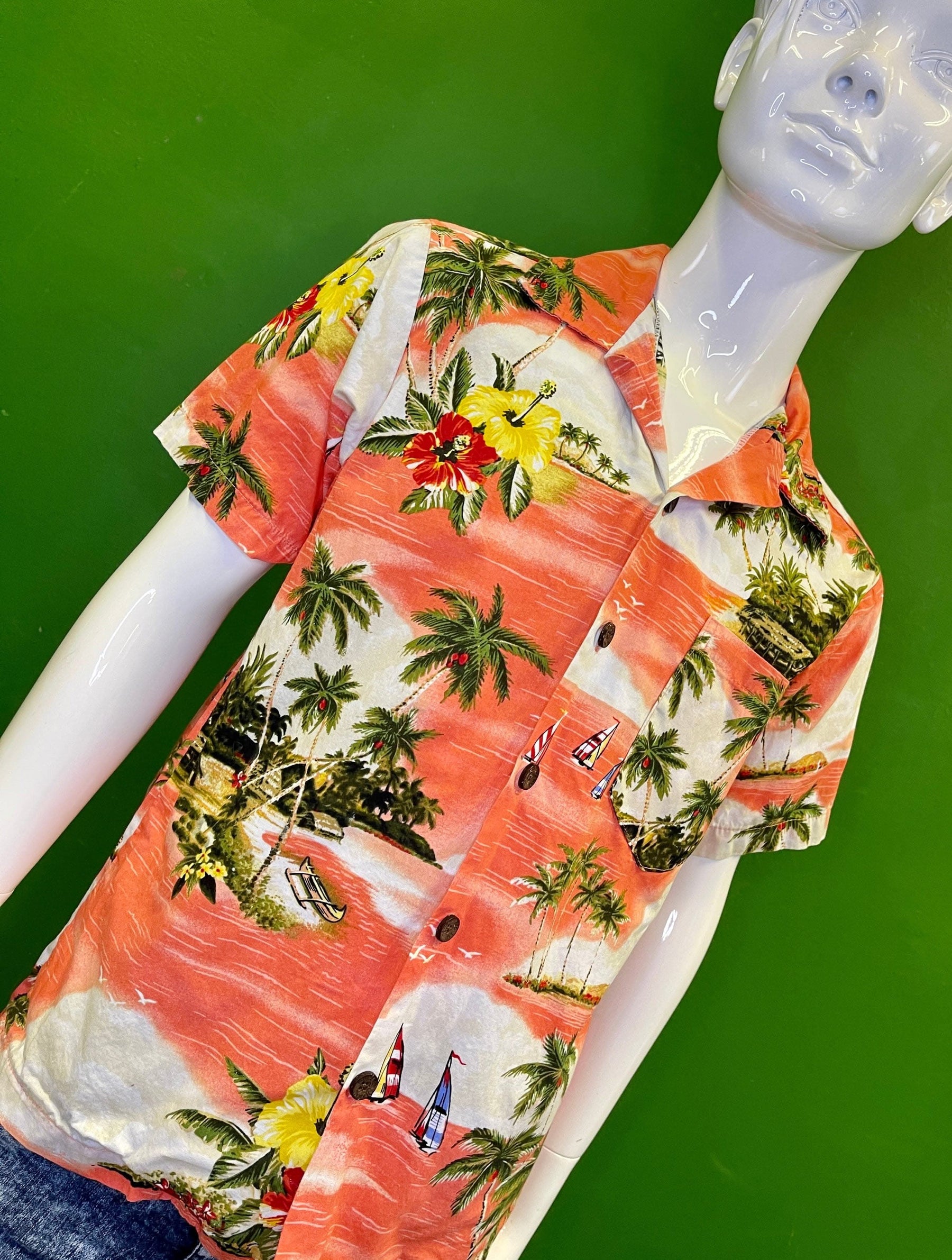 Made in Hawaii Orange Palm Tree Hawaiian Aloha Shirt Youth Medium 10