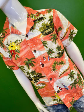 Made in Hawaii Orange Palm Tree Design Hawaiian Aloha Shirt Youth Medium 10