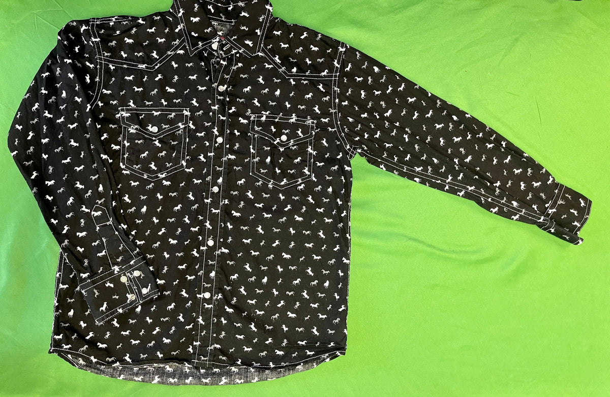 Western Cowboy Black Horse Print Shirt Youth Large 14-16