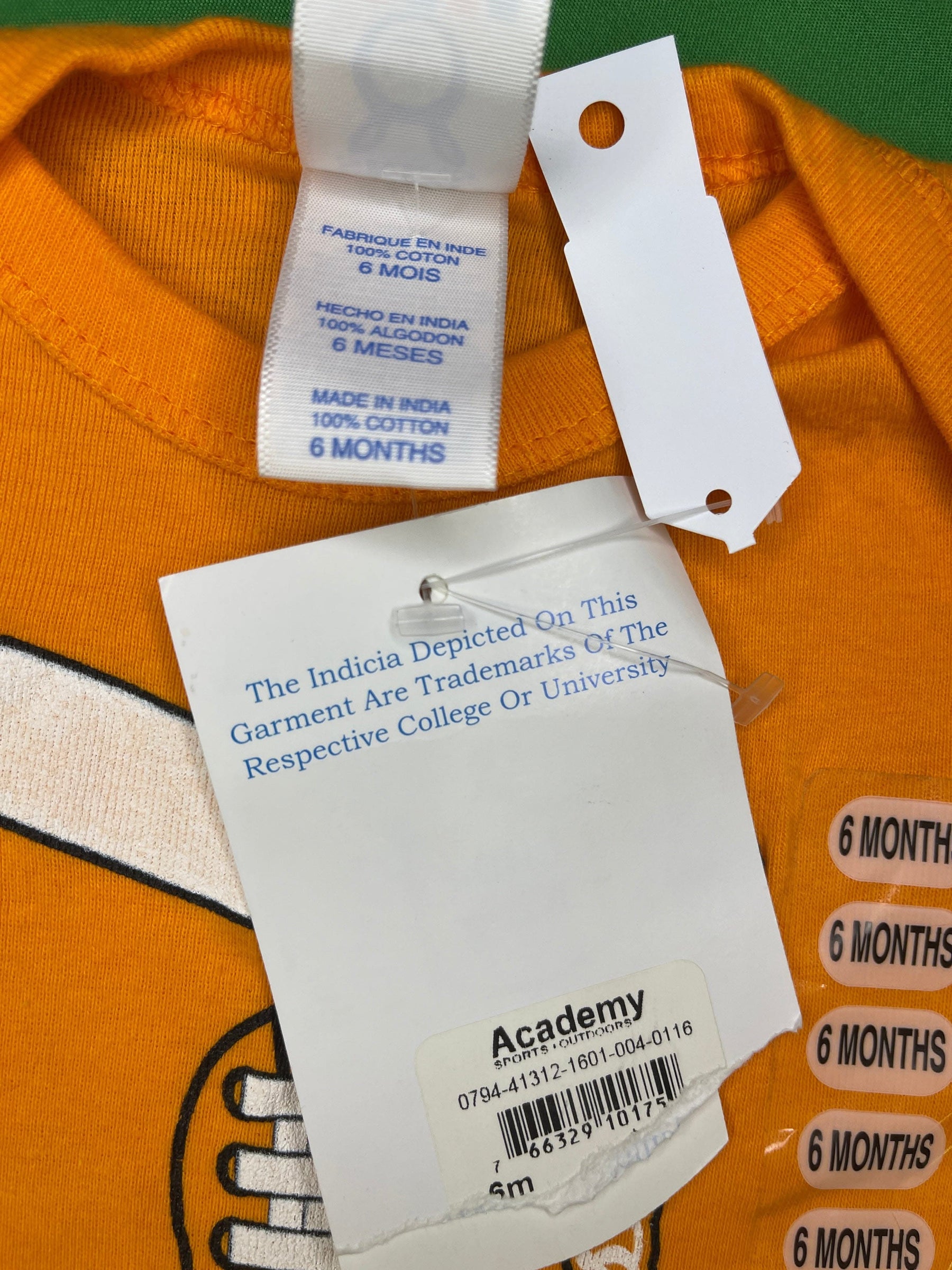 NCAA Tennessee Volunteers Orange Baby Infant Bodysuit/Vest 6 Months NWT