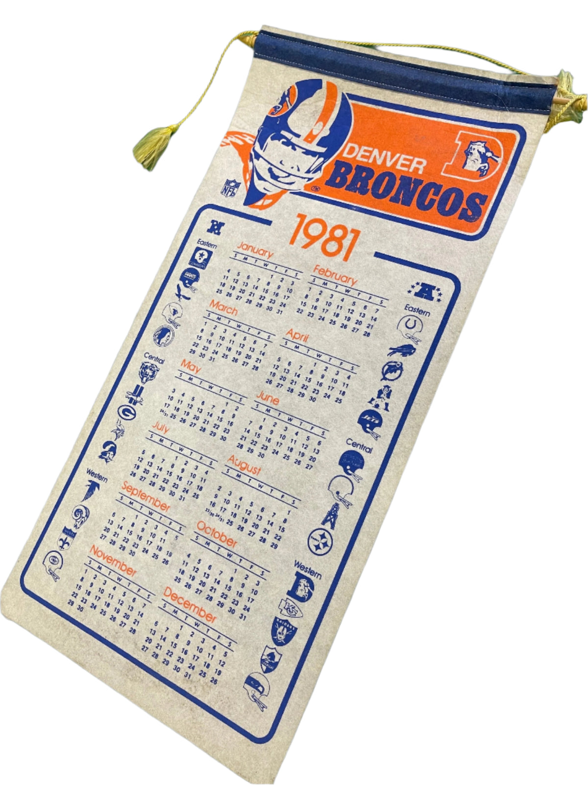 NFL Denver Broncos Fan Cave Vintage 1981 Felt Wall Calendar w/NFL Divisions