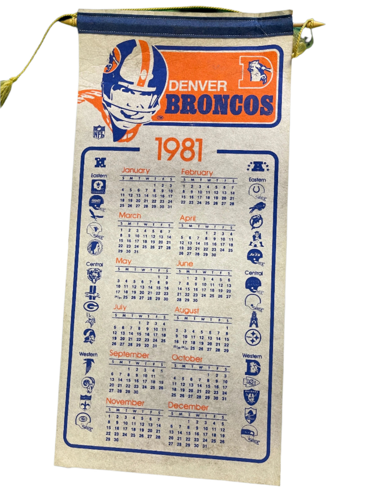 NFL Denver Broncos Fan Cave Vintage 1981 Felt Wall Calendar w/NFL Divisions
