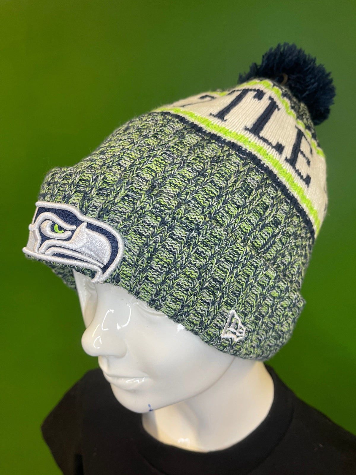 NFL Seattle Seahawks New Era Striped Sport Knit Woolly Bobble Hat Youth OSFM