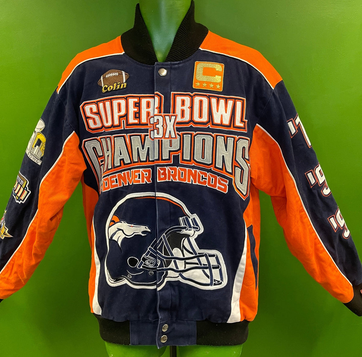 NFL Denver Broncos 3X Super Bowl Champions Canvas Bomber Jacket Coat Men's Small