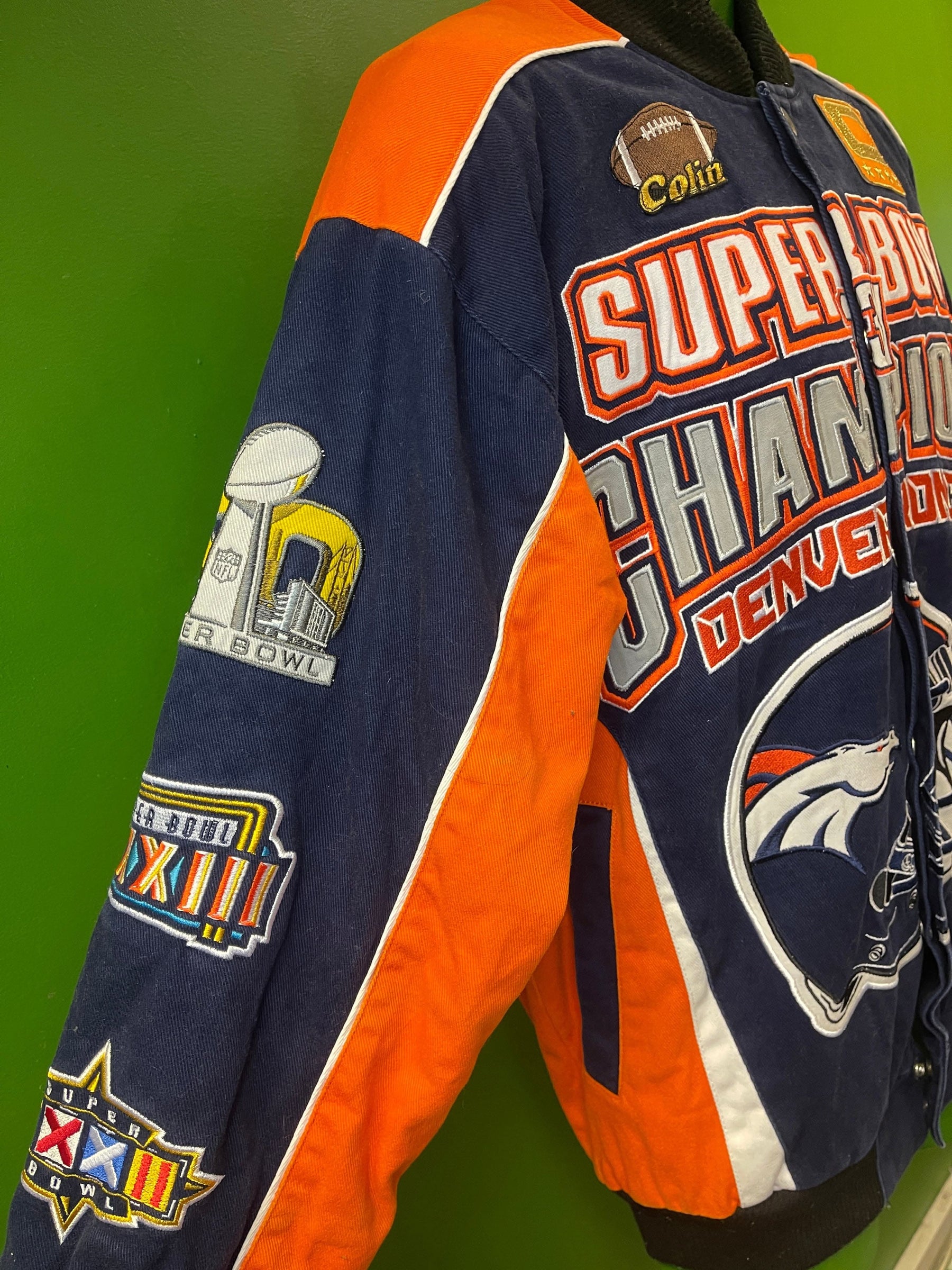 NFL Denver Broncos 3X Super Bowl Champions Canvas Bomber Jacket Coat Men's Small