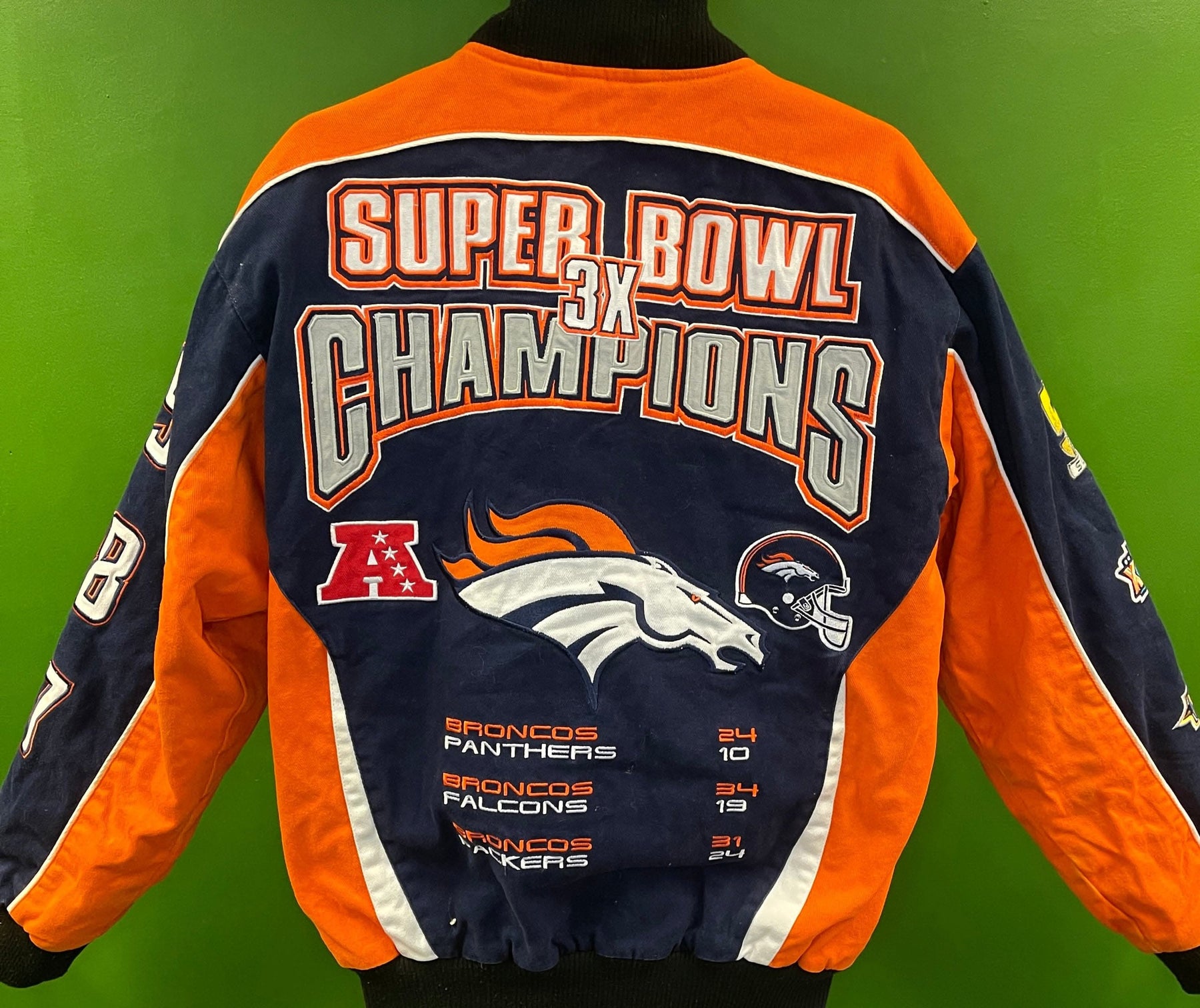 NFL Denver Broncos 3X Super Bowl Champions Canvas Bomber Jacket Coat Men's Small