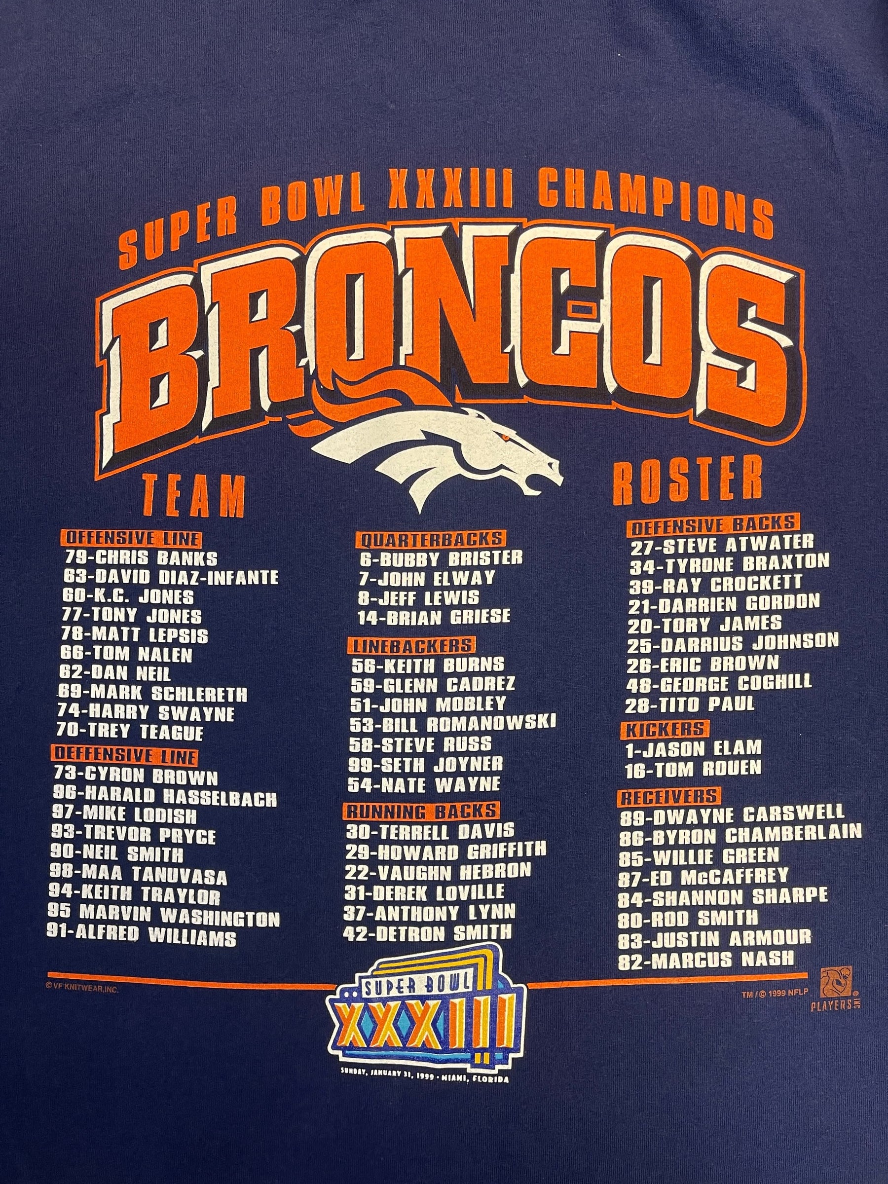 NFL Denver Broncos Super Bowl XXXIII Back to Back Champions T-Shirt Men's X-Large