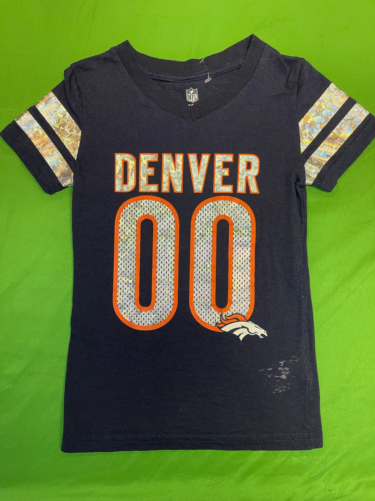 NFL Denver Broncos Navy Glitter Girls T-Shirt Youth Small 6-7