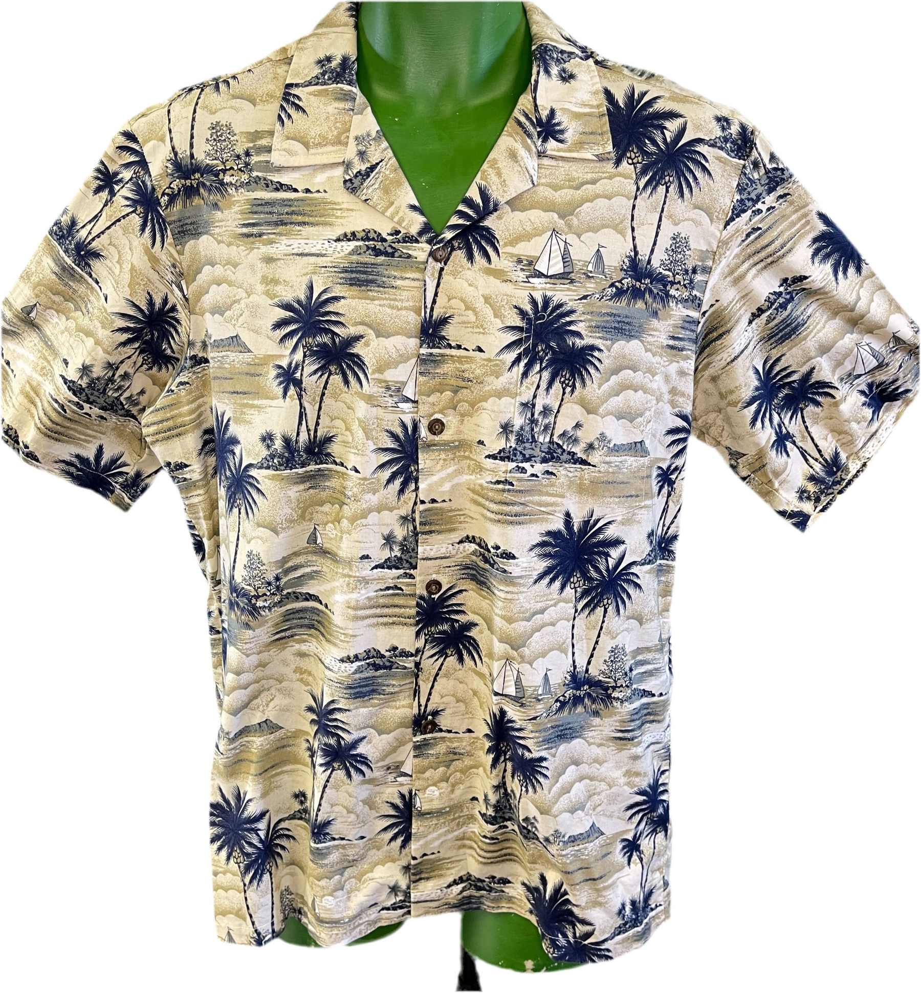 Made in Hawaii Cream Palm Tree Pattern Hawaiian Aloha Shirt Men's Large