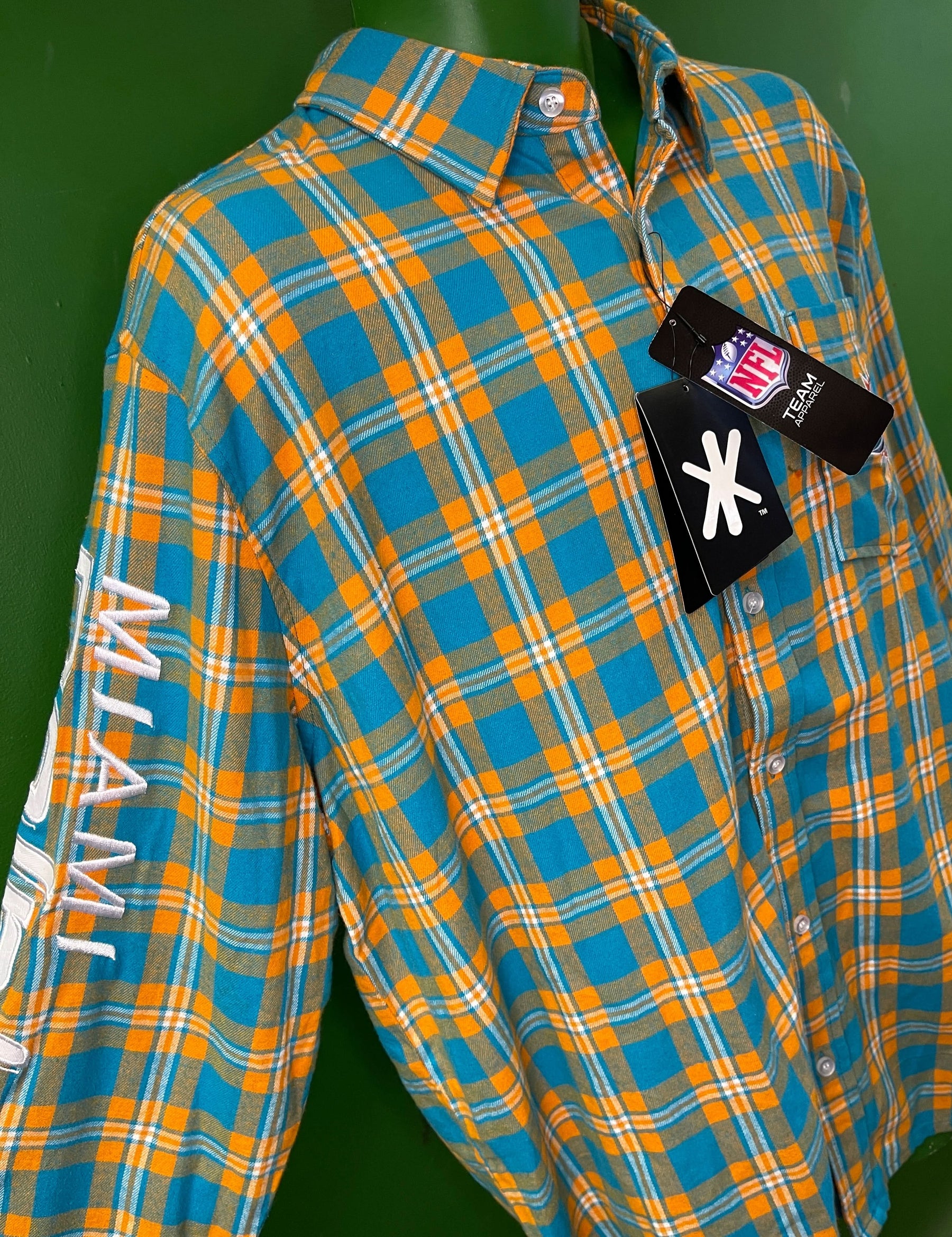 NFL Miami Dolphins KLEW Green & Orange Stitched Flannel Shirt Men's X-Large NWT