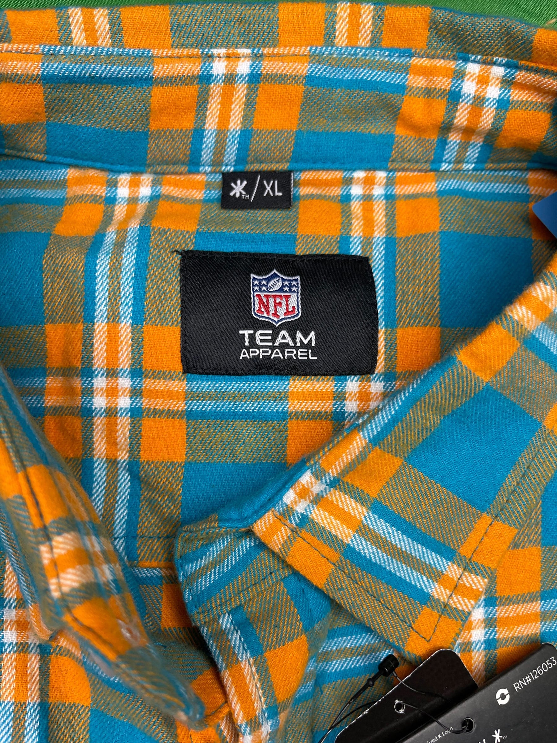 NFL Miami Dolphins KLEW Green & Orange Stitched Flannel Shirt Men's X-Large NWT
