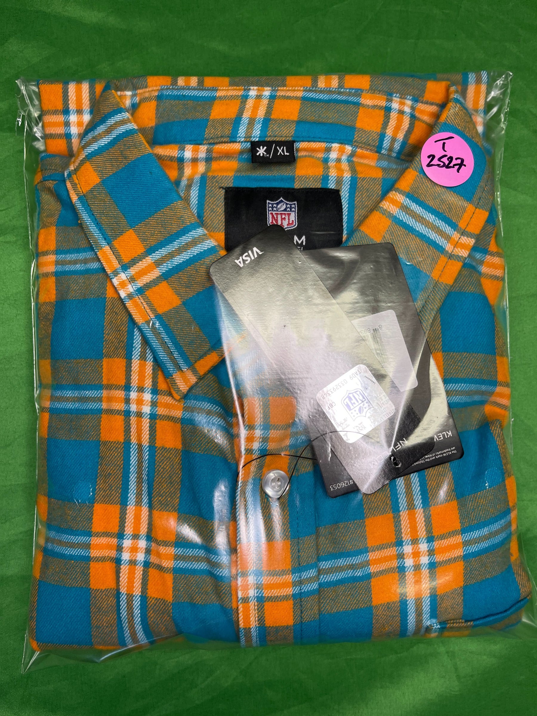 NFL Miami Dolphins KLEW Green & Orange Stitched Flannel Shirt Men's X-Large NWT