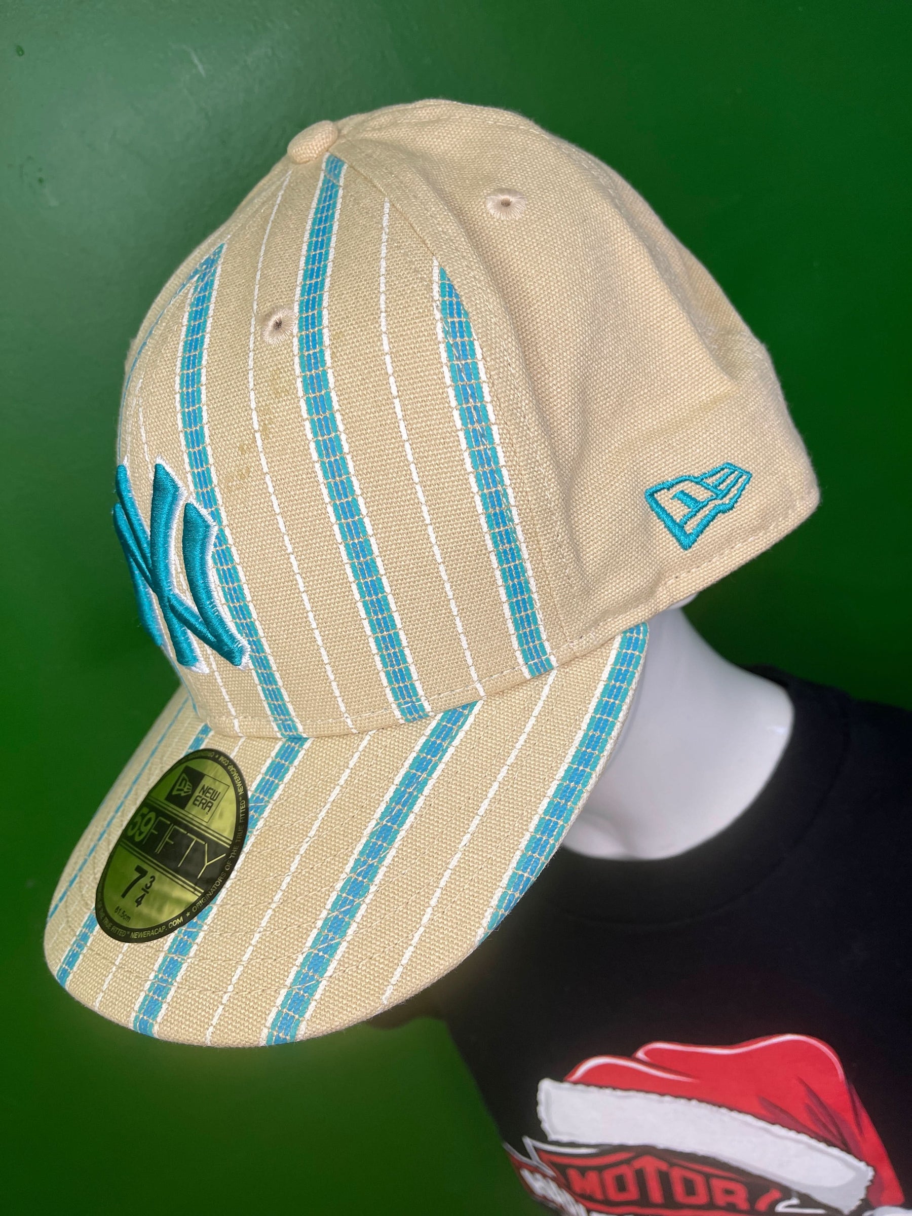 MLB New York Yankees New Era 59FIFTY Beige Aqua Striped Baseball Hat/Cap 7-3/4