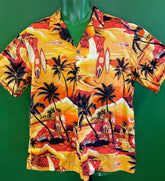 Made in Hawaii Orange/Yellow Palm Surfing Hawaiian Aloha Shirt Men's 2X-Large