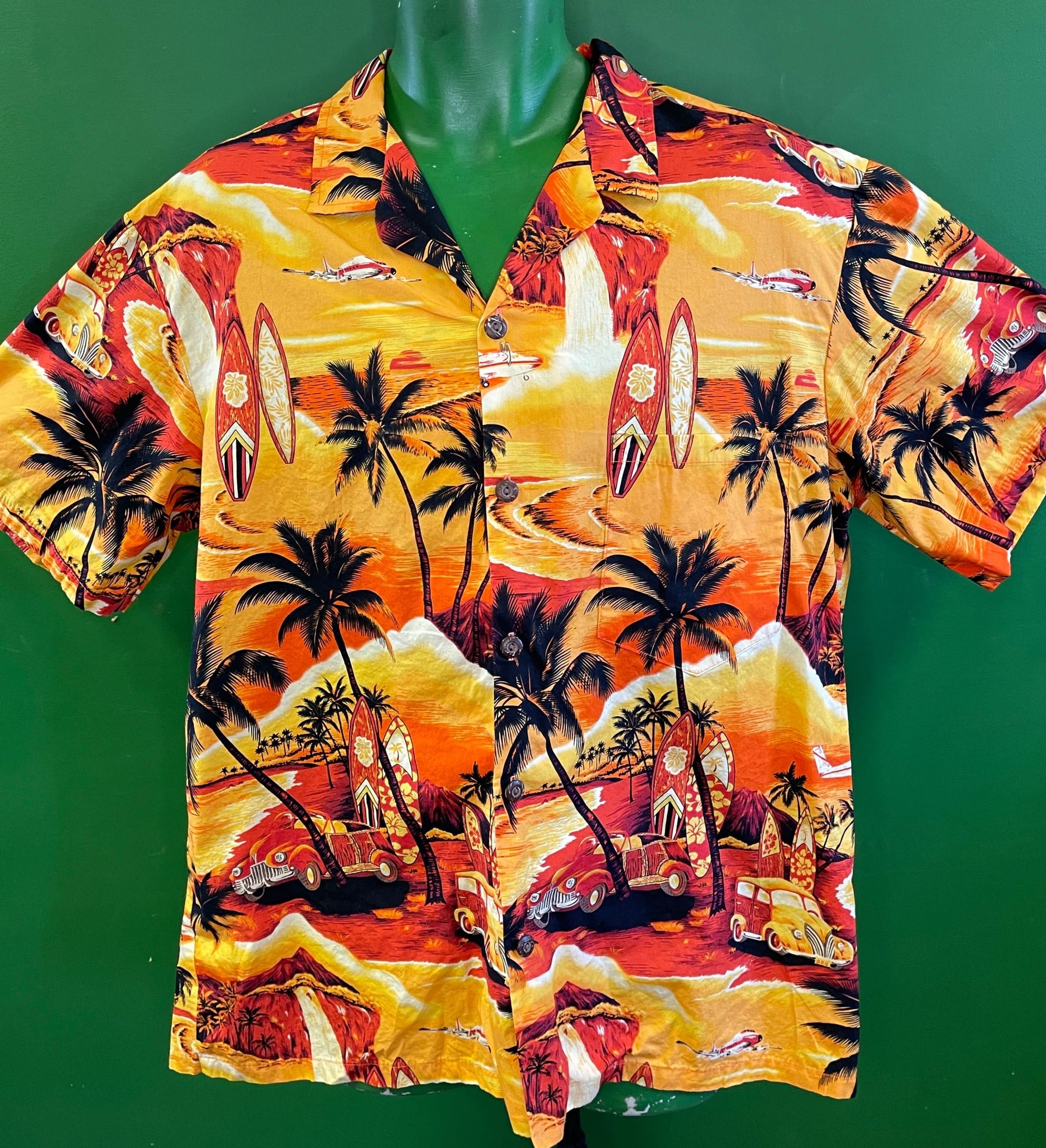 Made in Hawaii Orange/Yellow Palm Surfing Hawaiian Aloha Shirt Men's 2X-Large