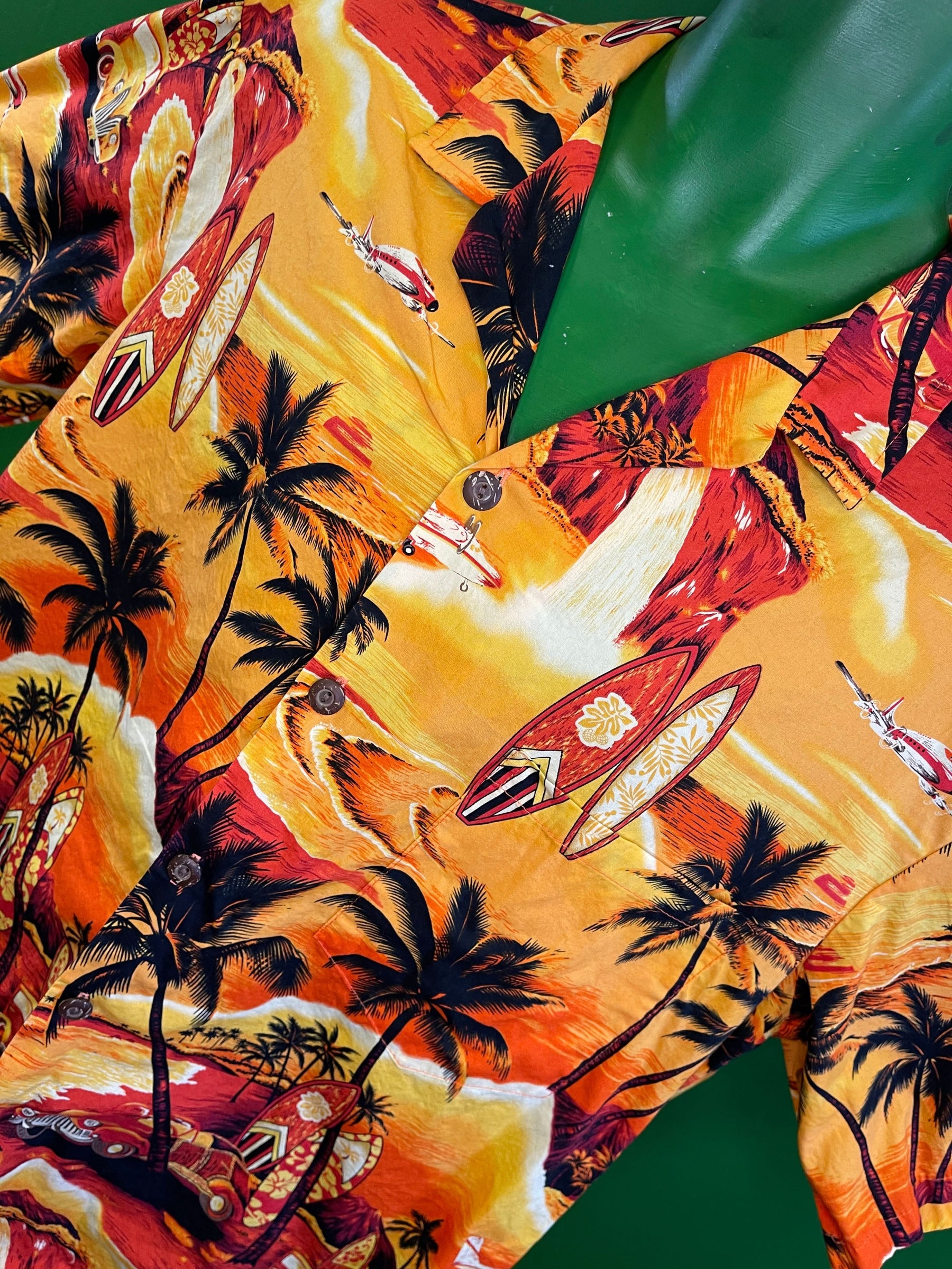 Made in Hawaii Orange/Yellow Palm Surfing Hawaiian Aloha Shirt Men's 2X-Large