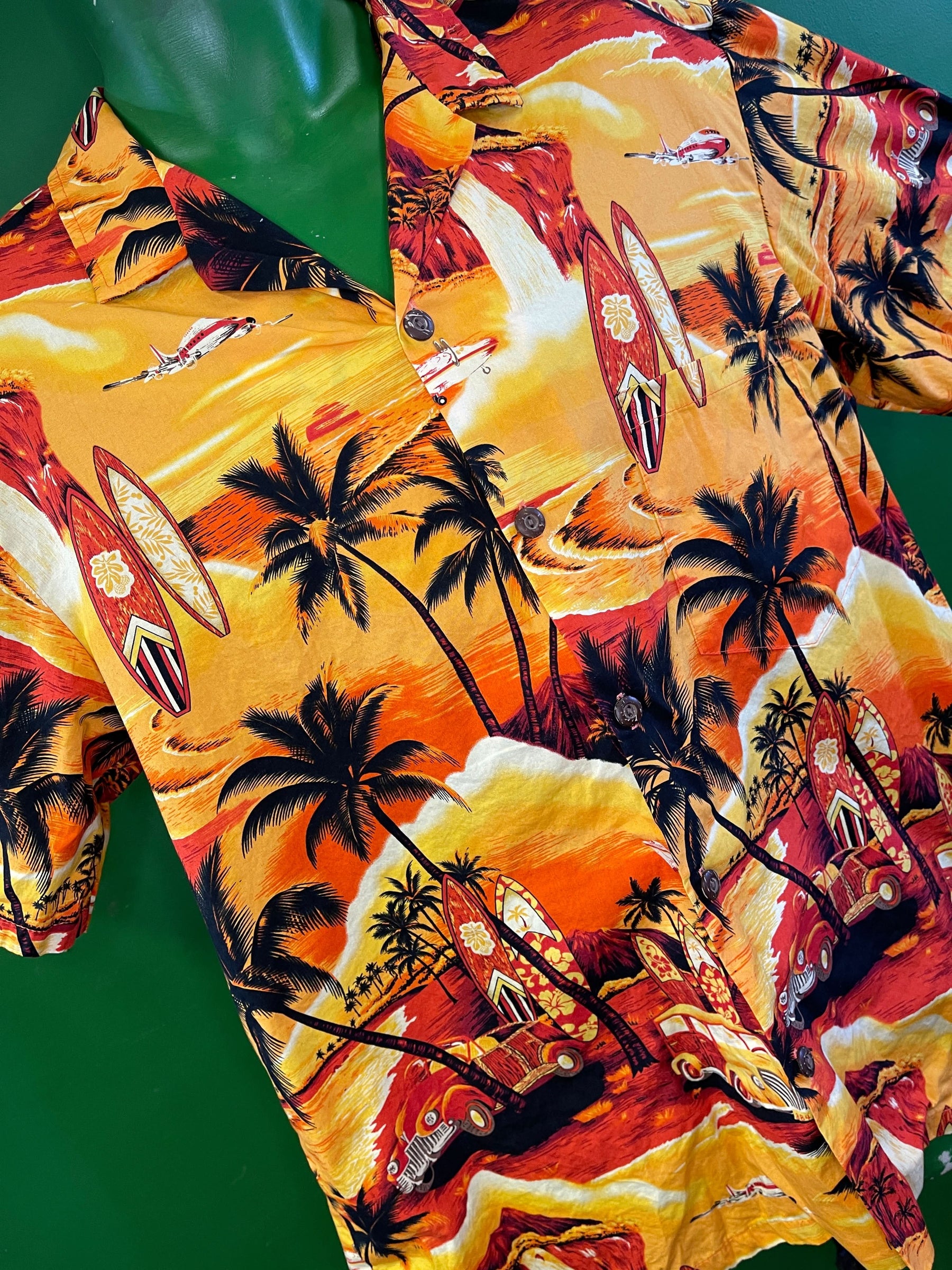 Made in Hawaii Orange/Yellow Palm Surfing Hawaiian Aloha Shirt Men's 2X-Large