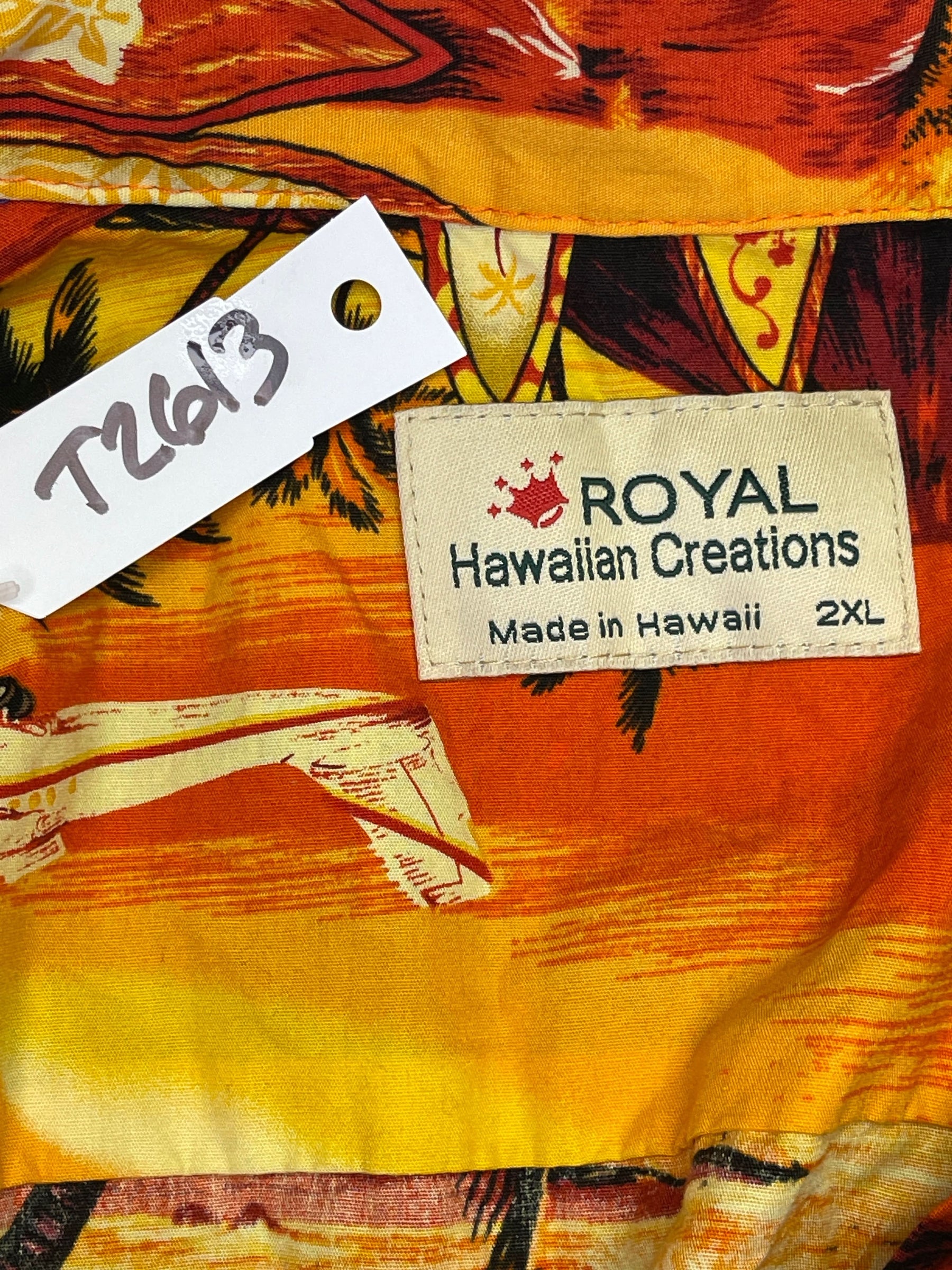 Made in Hawaii Orange/Yellow Palm Surfing Hawaiian Aloha Shirt Men's 2X-Large