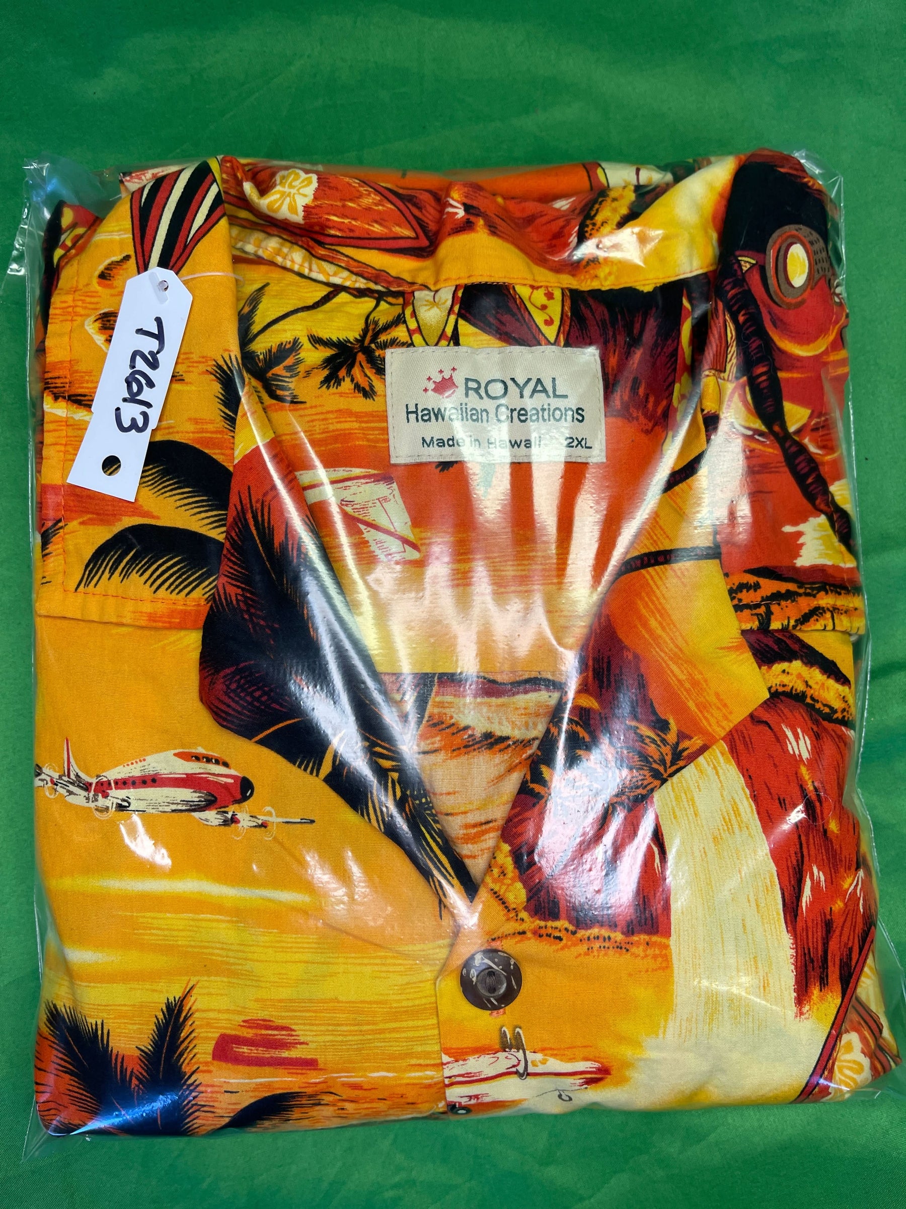 Made in Hawaii Orange/Yellow Palm Surfing Hawaiian Aloha Shirt Men's 2X-Large