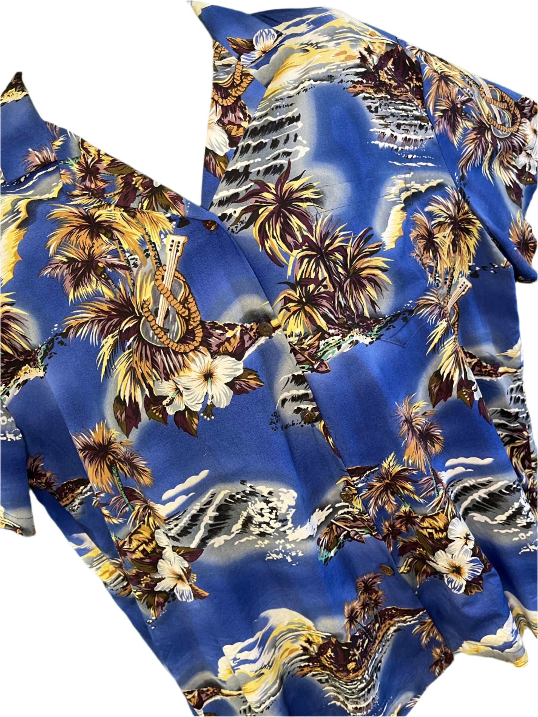 Made in Hawaii Deep Blue Hawaiian Aloha Shirt Women's Large