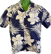 Made in Hawaii Blue Hibuscus & Leaves Pattern Hawaiian Aloha Shirt Men's Large