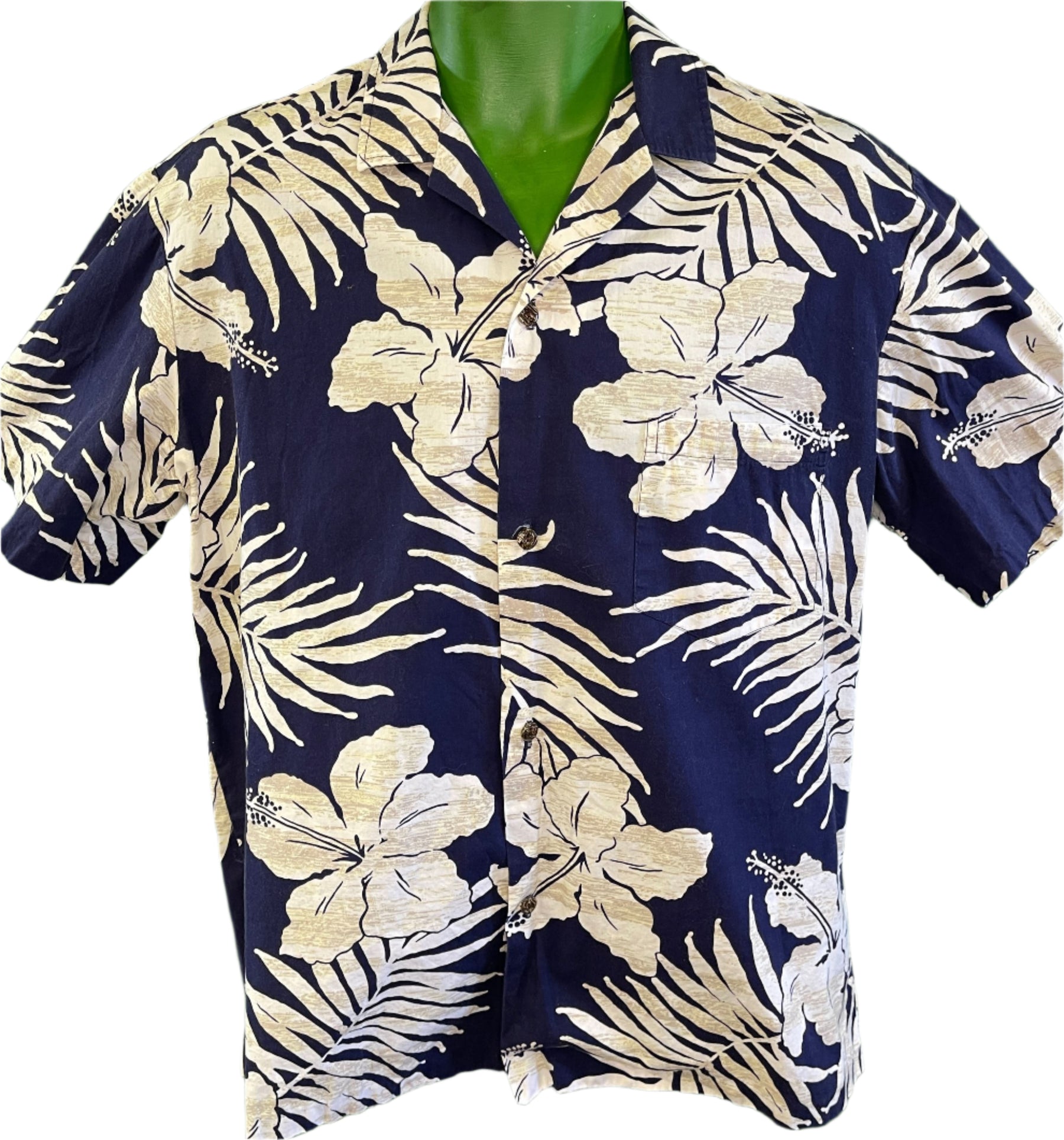 Made in Hawaii Blue Hibuscus & Leaves Pattern Hawaiian Aloha Shirt Men's Large