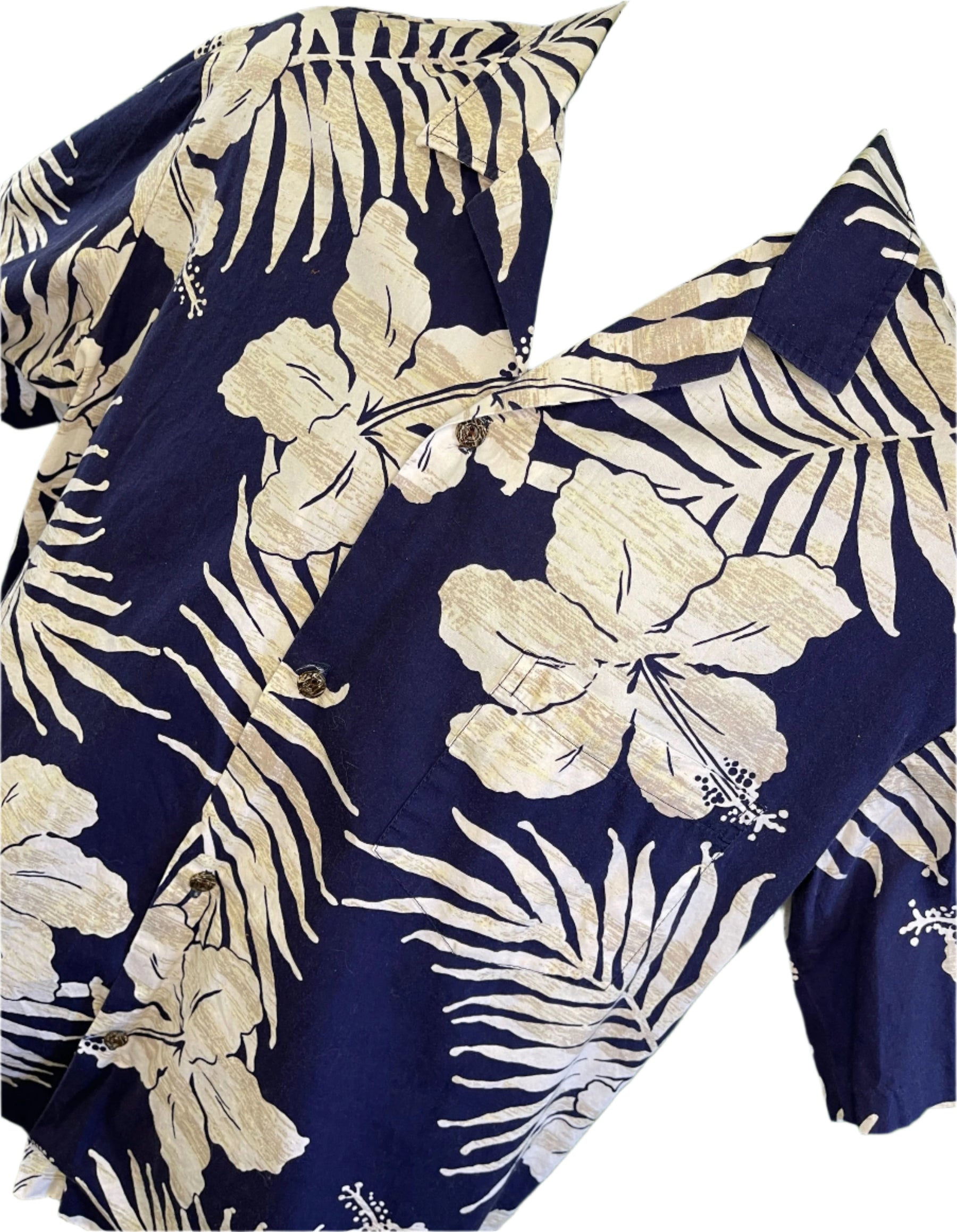Made in Hawaii Blue Hibuscus & Leaves Pattern Hawaiian Aloha Shirt Men's Large