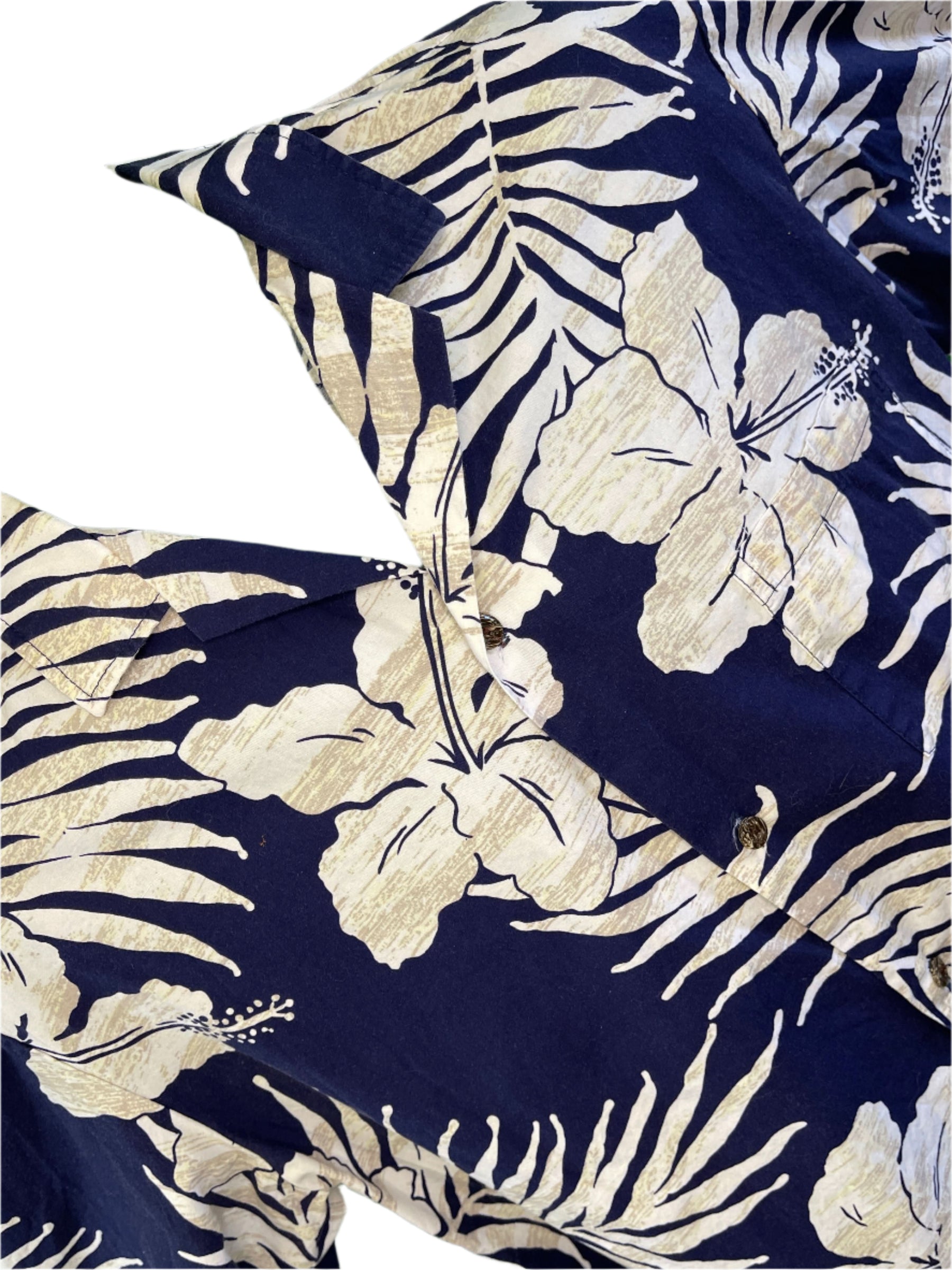 Made in Hawaii Blue Hibuscus & Leaves Pattern Hawaiian Aloha Shirt Men's Large