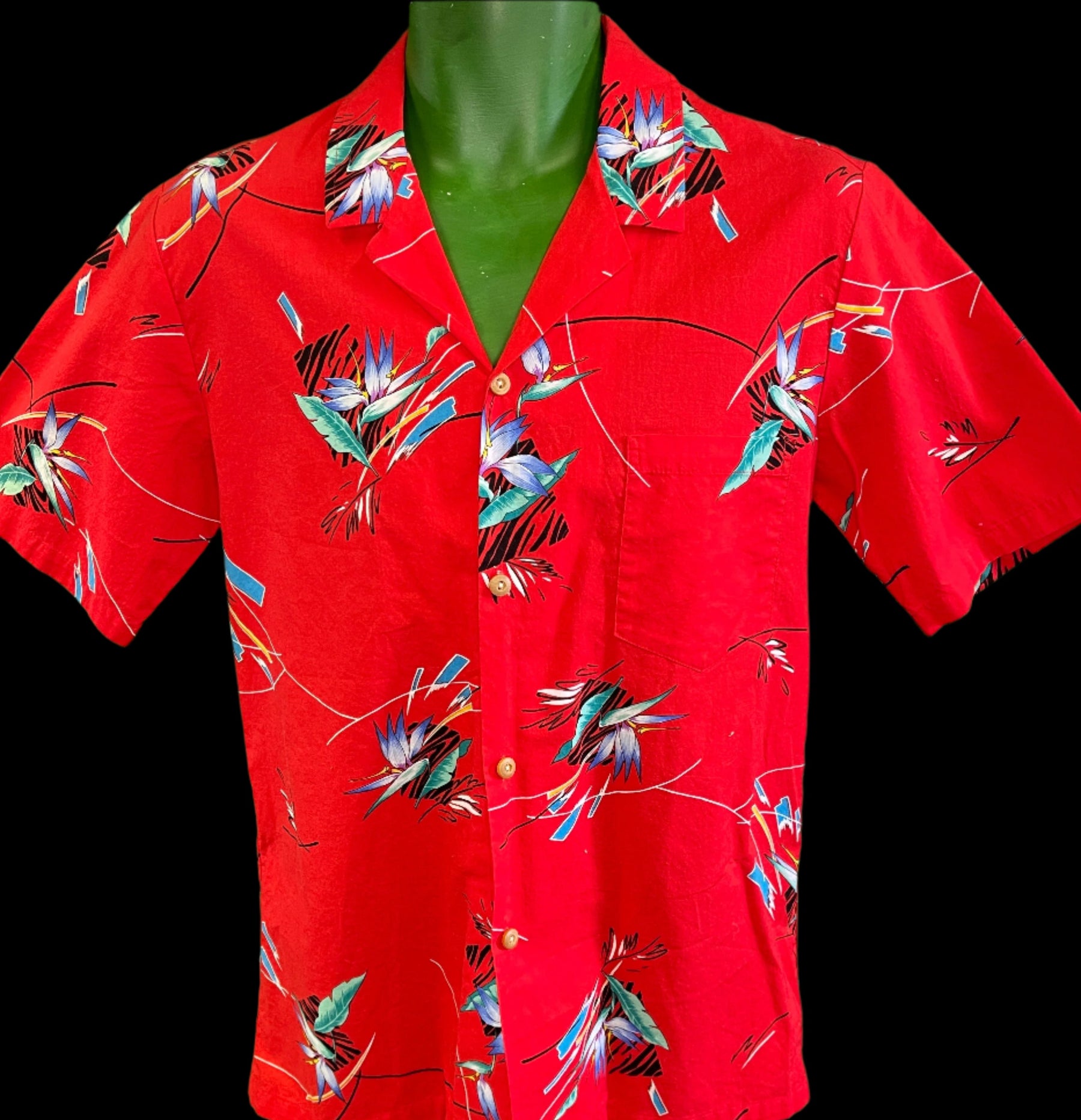 Hawaiian Aloha Shirt Made in Hawaii Vintage Red w/Bird of Paradise Men's Medium