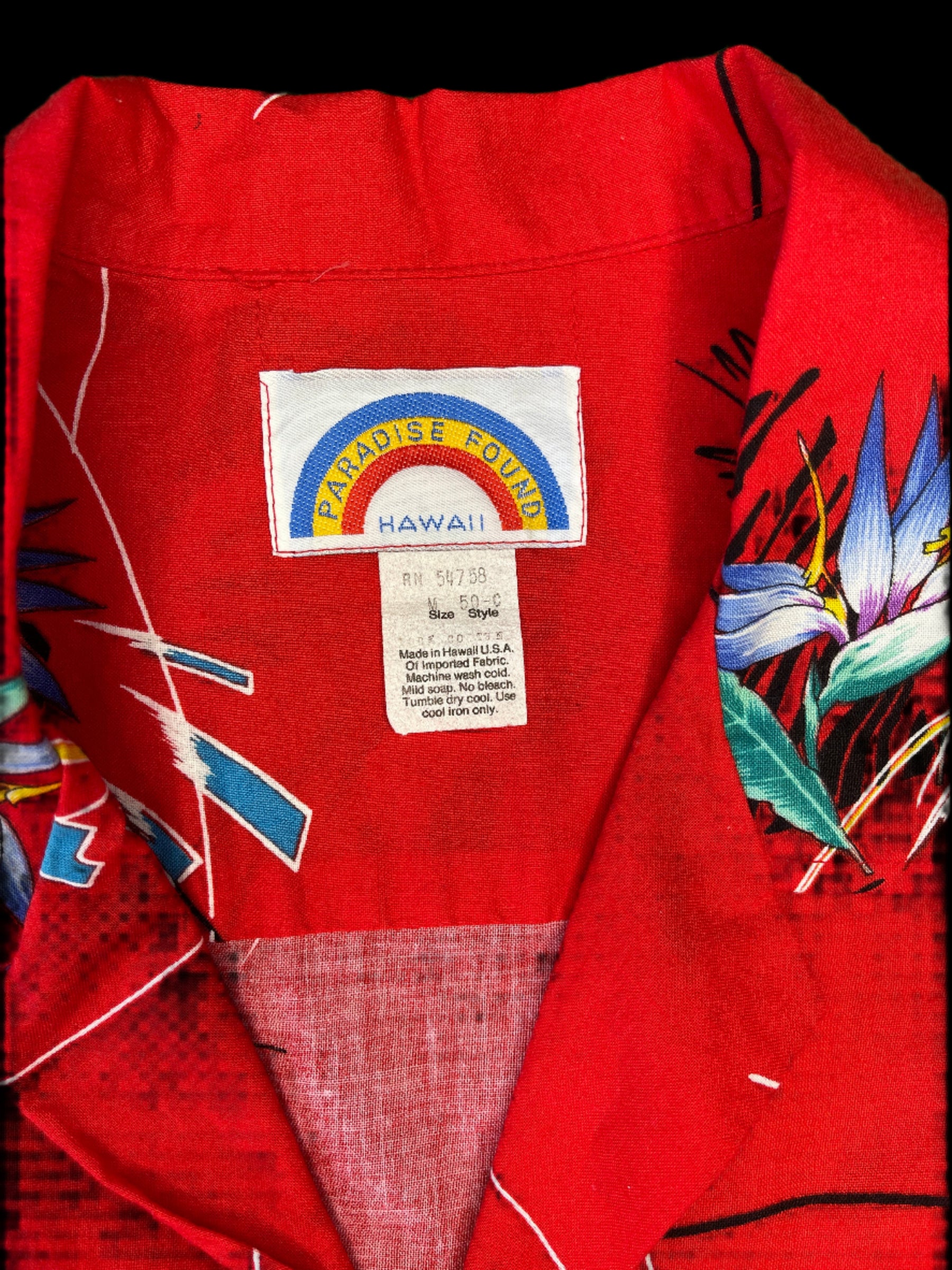 Hawaiian Aloha Shirt Made in Hawaii Vintage Red w/Bird of Paradise Men's Medium