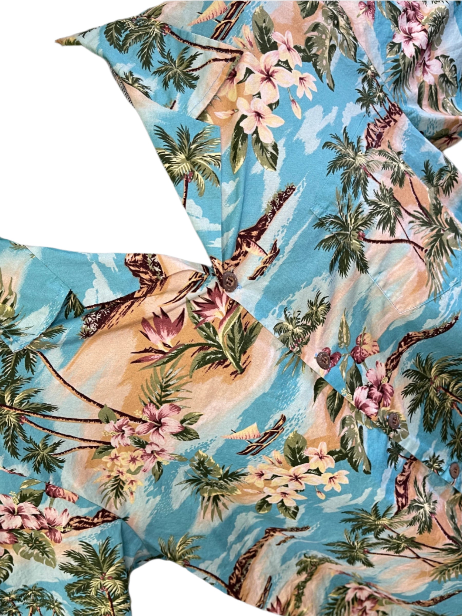 Hawaiian Aloha Shirt Made in Hawaii Aqua Palm Trees Beach Scenes Men's 2X-Large