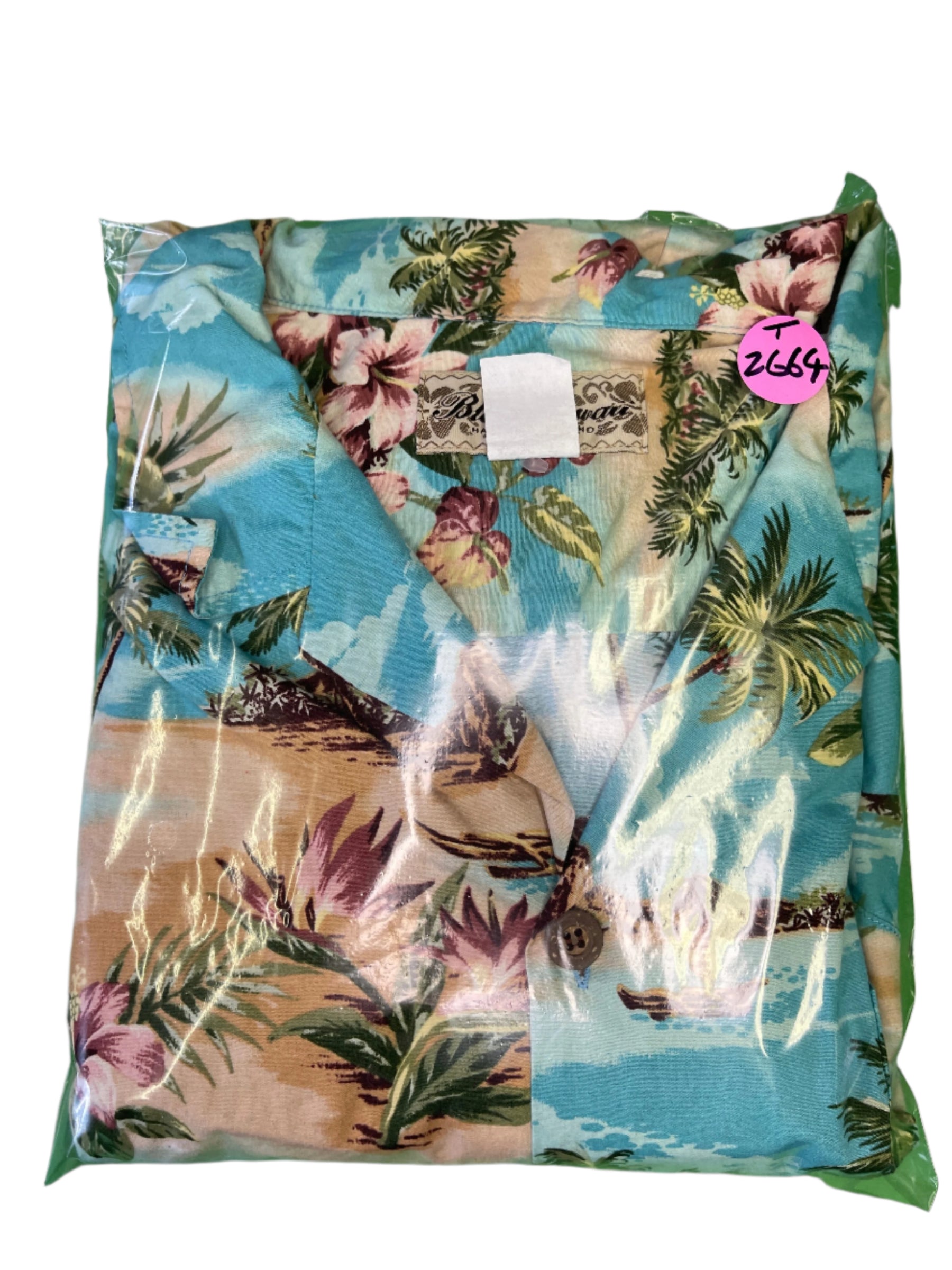 Hawaiian Aloha Shirt Made in Hawaii Aqua Palm Trees Beach Scenes Men's 2X-Large