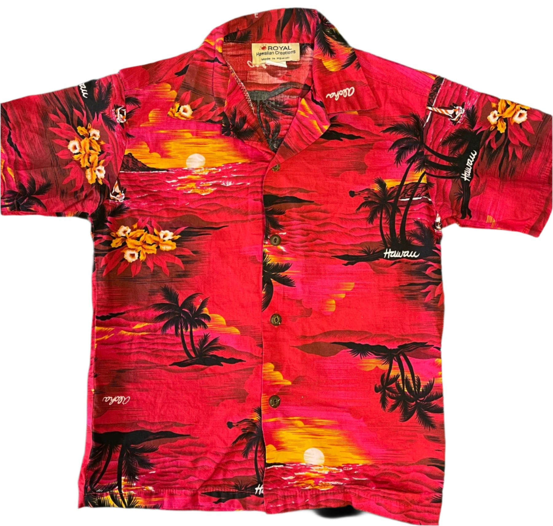 Hawaiian Aloha Shirt Made in Hawaii Red w/Palm Trees Youth Medium 10