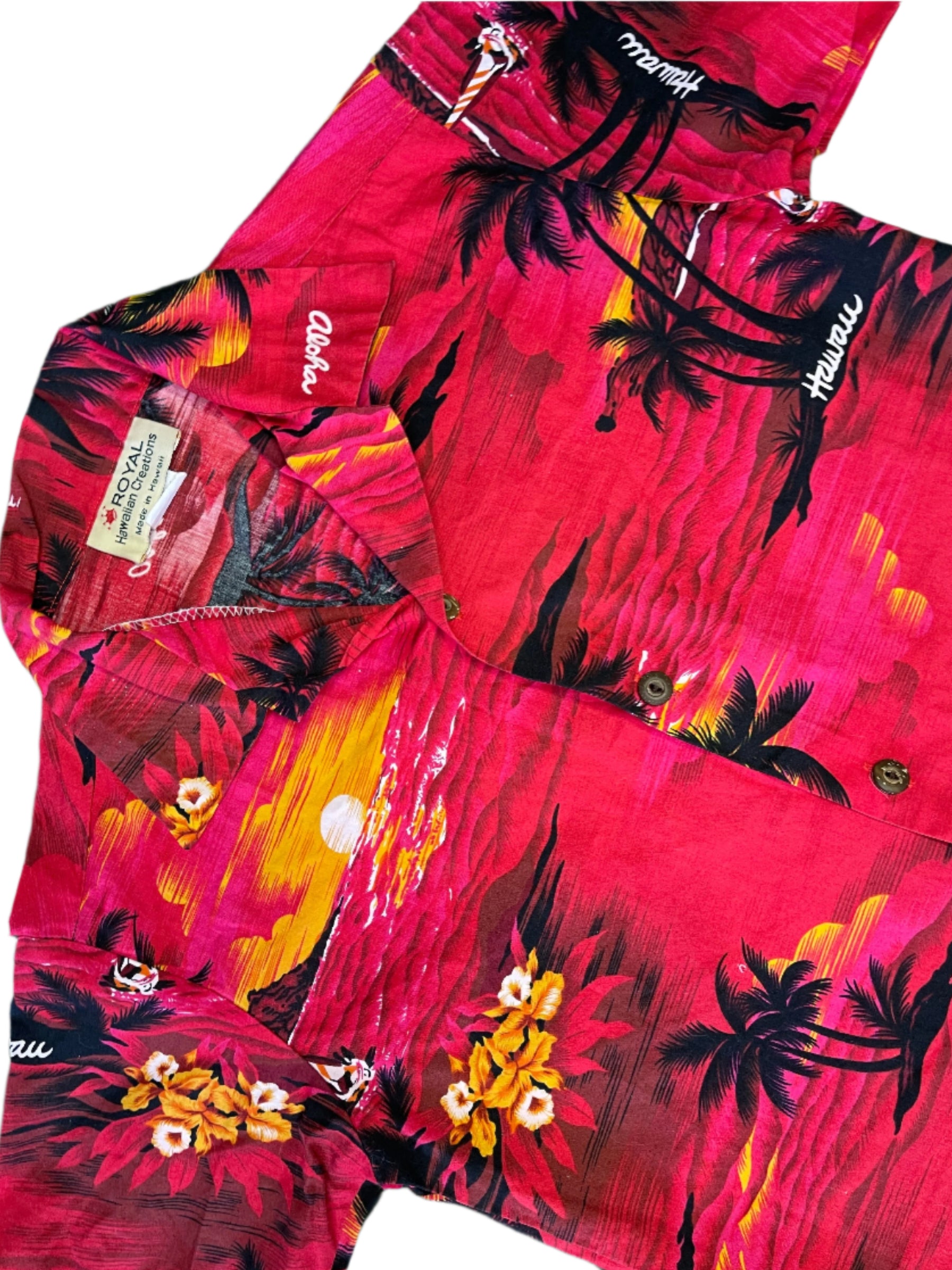 Hawaiian Aloha Shirt Made in Hawaii Red w/Palm Trees Youth Medium 10