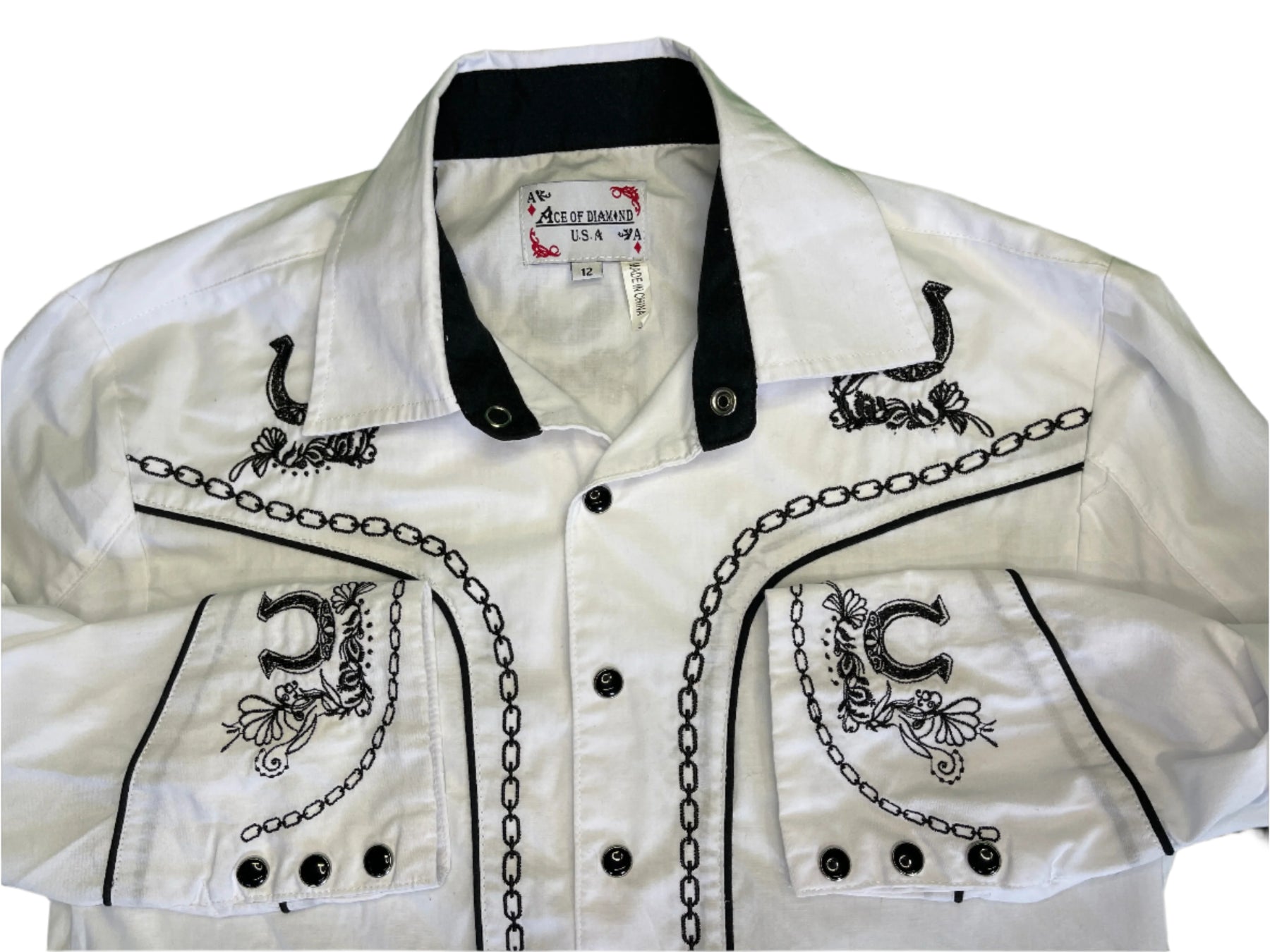 Western Mexican Cowboy Horseshoe L/S White Dress Shirt Youth Medium 12
