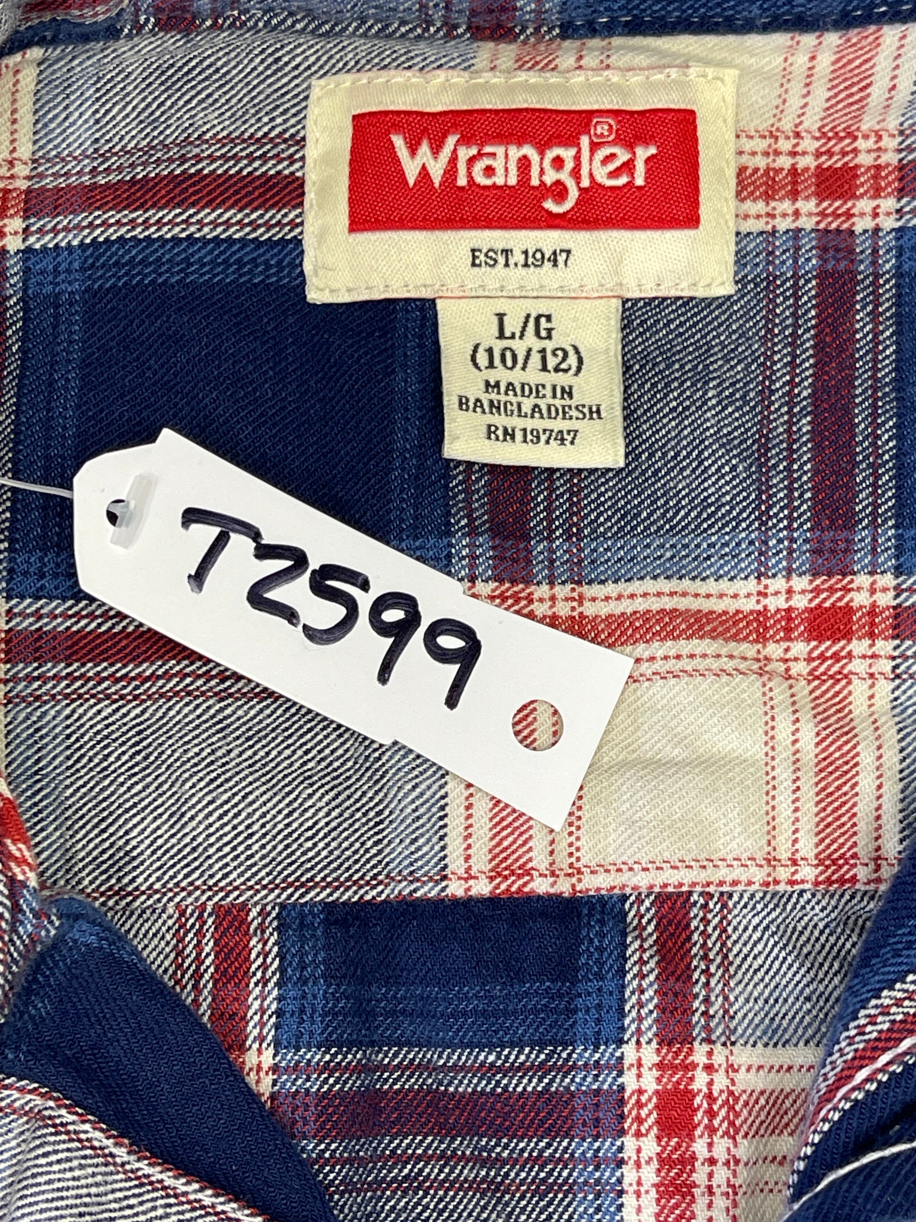 Wrangler Western Plaid L/S Shirt Red/Blue Plaid 100% Cotton Youth Large 10-12