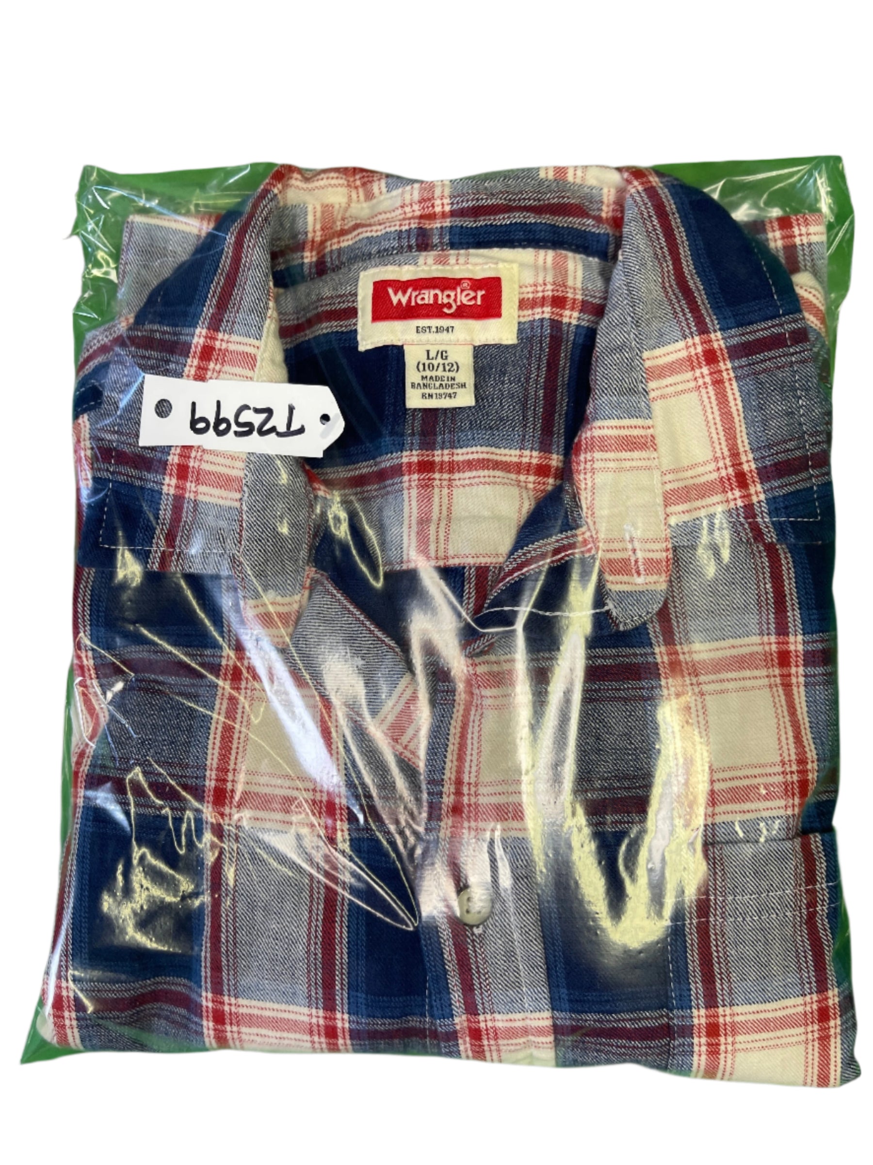 Wrangler Western Plaid L/S Shirt Red/Blue Plaid 100% Cotton Youth Large 10-12