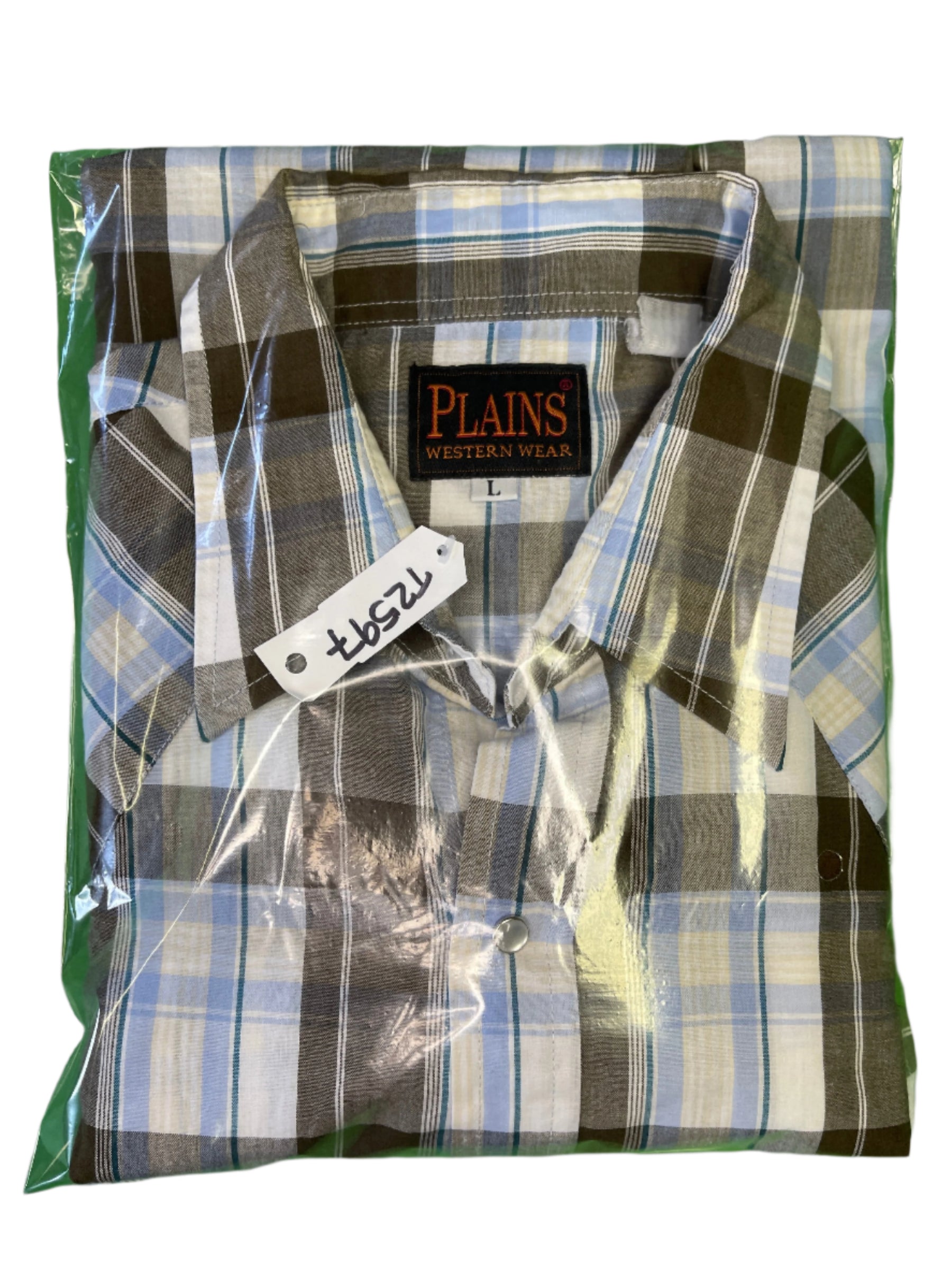 Plains Westernwear Cowboy Western Plaid S/S Shirt with Poppers Green Men's Large