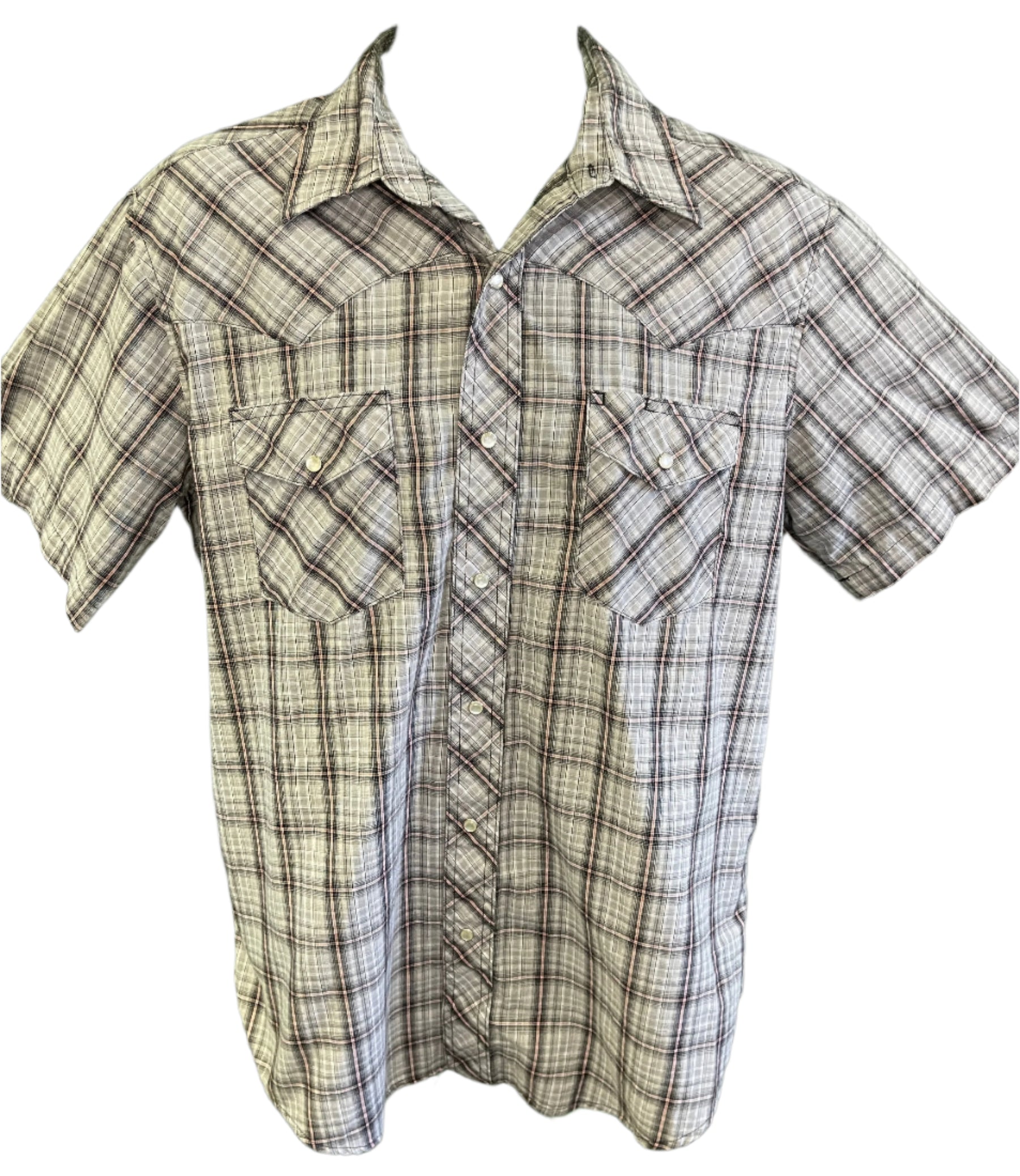 Wrangler Cowboy Western Plaid S/S Shirt with Poppers Grey Men's Large