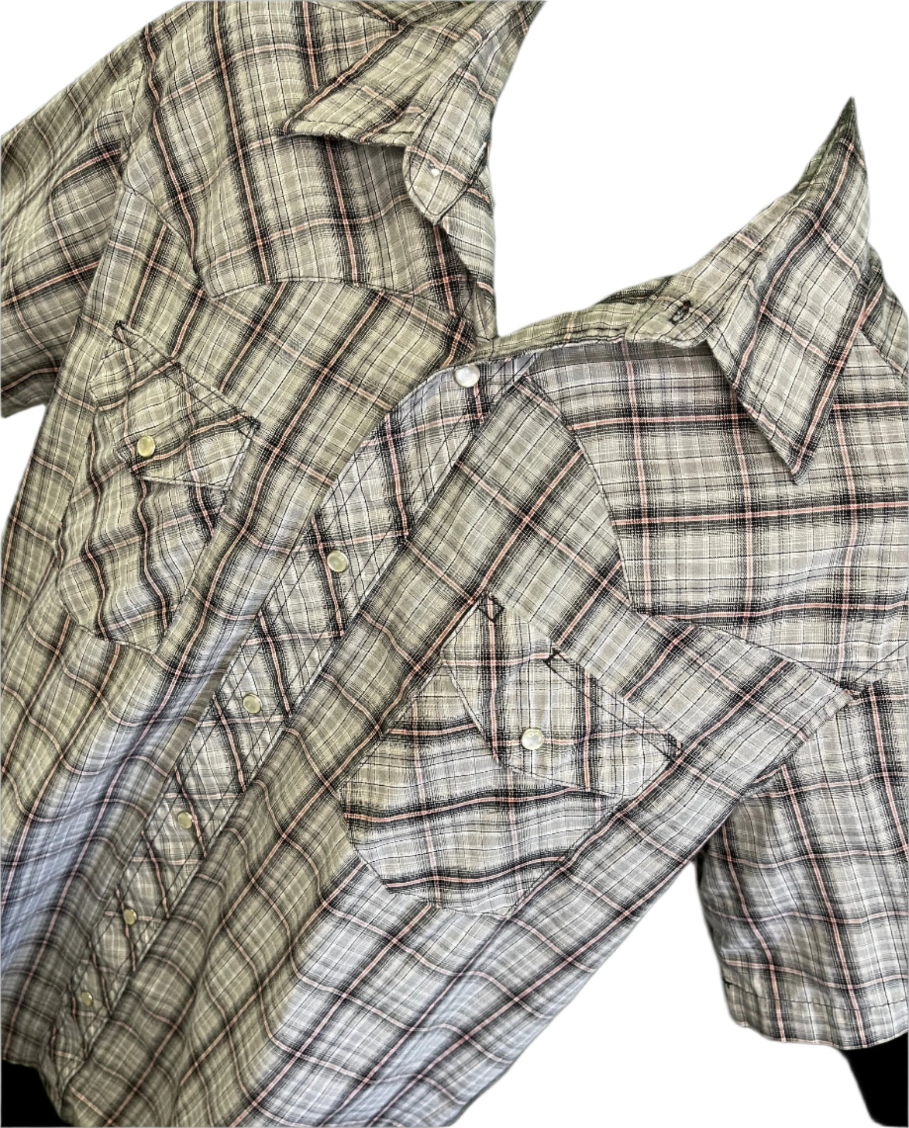 Wrangler Cowboy Western Plaid S/S Shirt with Poppers Grey Men's Large