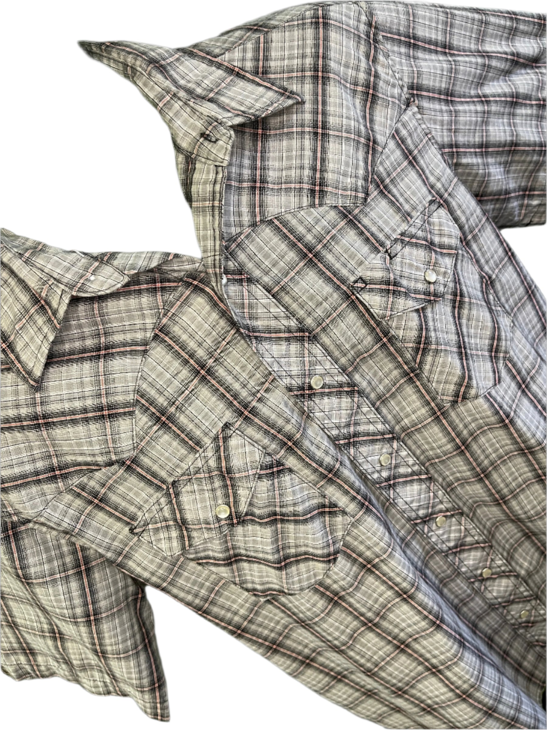 Wrangler Cowboy Western Plaid S/S Shirt with Poppers Grey Men's Large