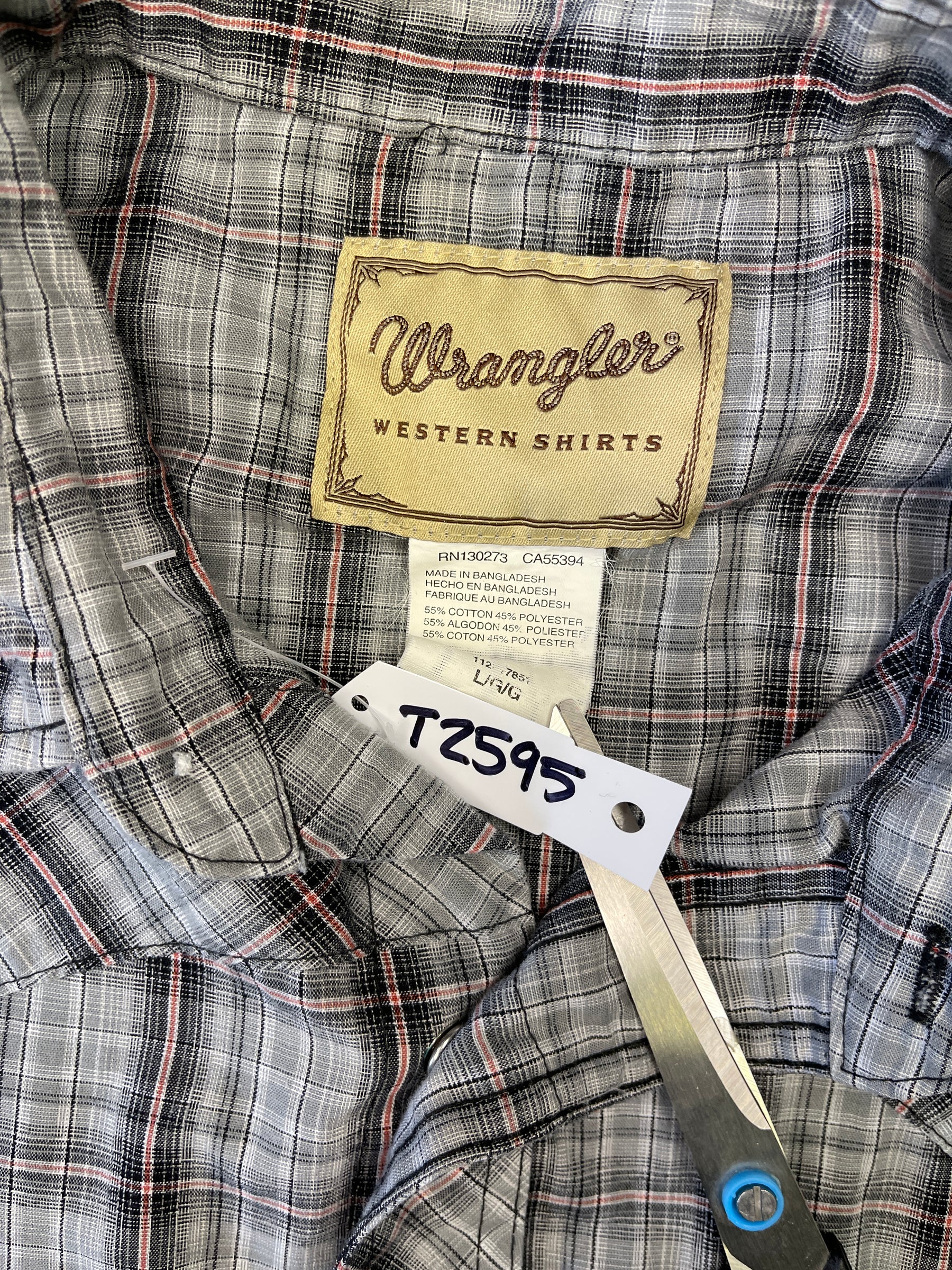 Wrangler Cowboy Western Plaid S/S Shirt with Poppers Grey Men's Large