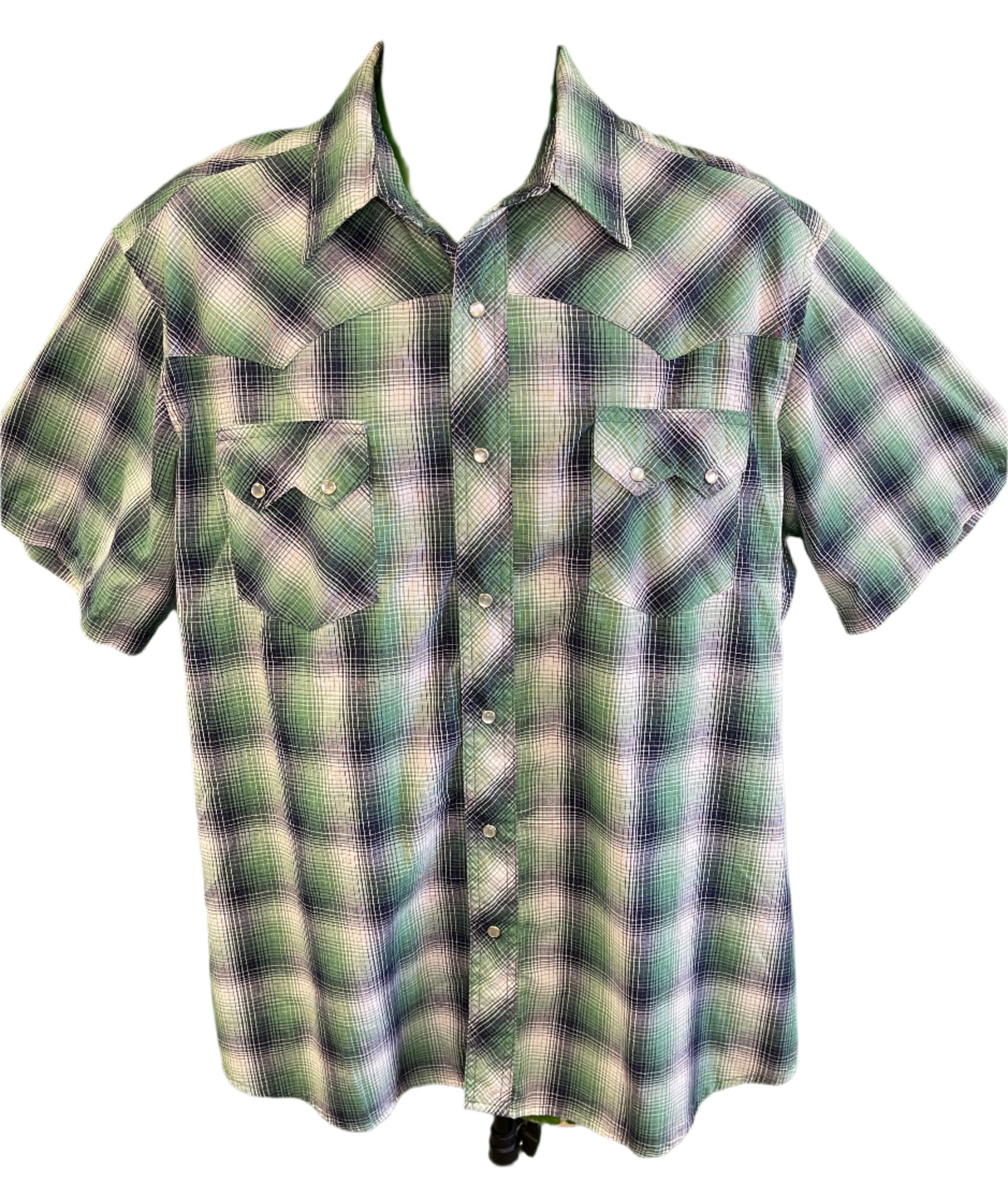 Wrangler Cowboy Western Plaid S/S Shirt with Poppers Green Men's X-Large