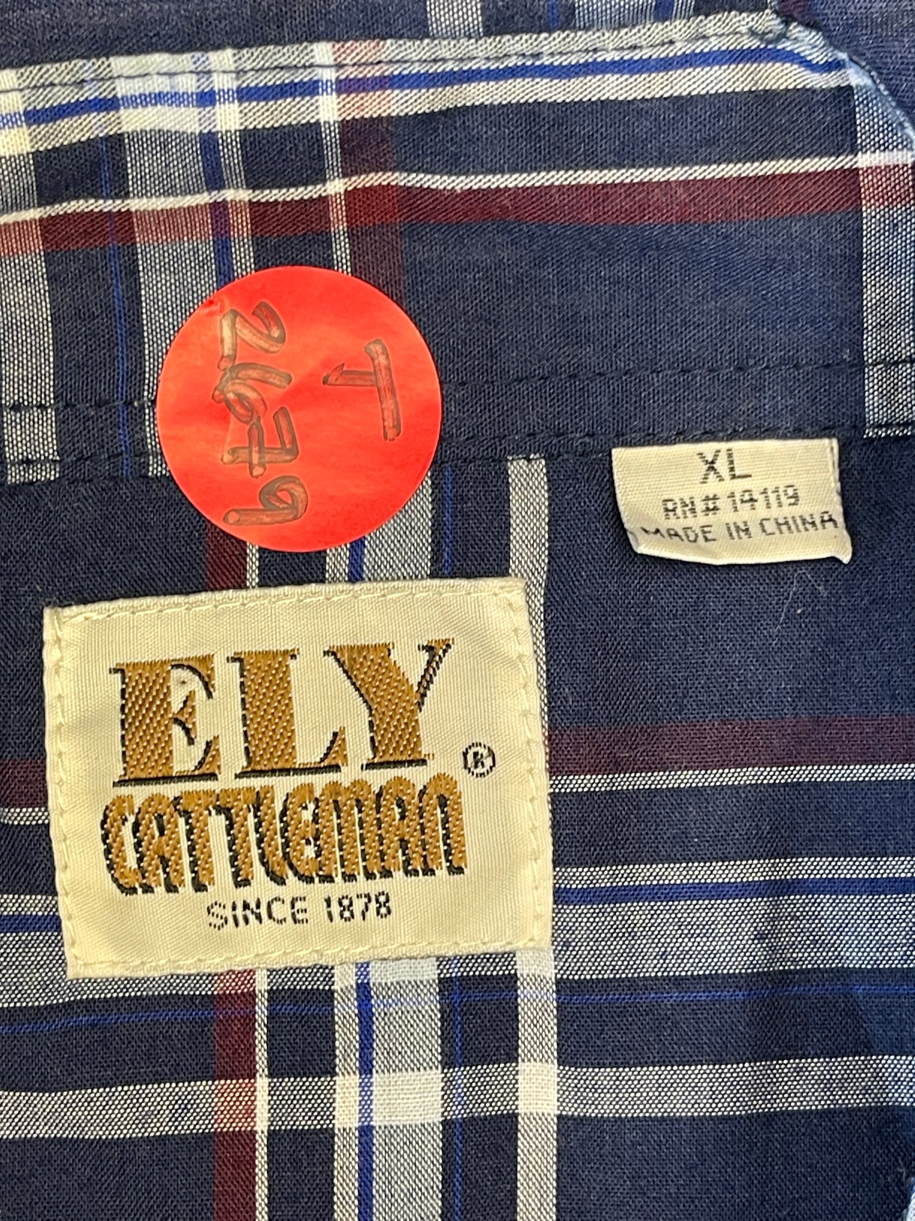 Ely Cattleman Western S/S Navy Plaid Shirt Poppers Men's X-Large