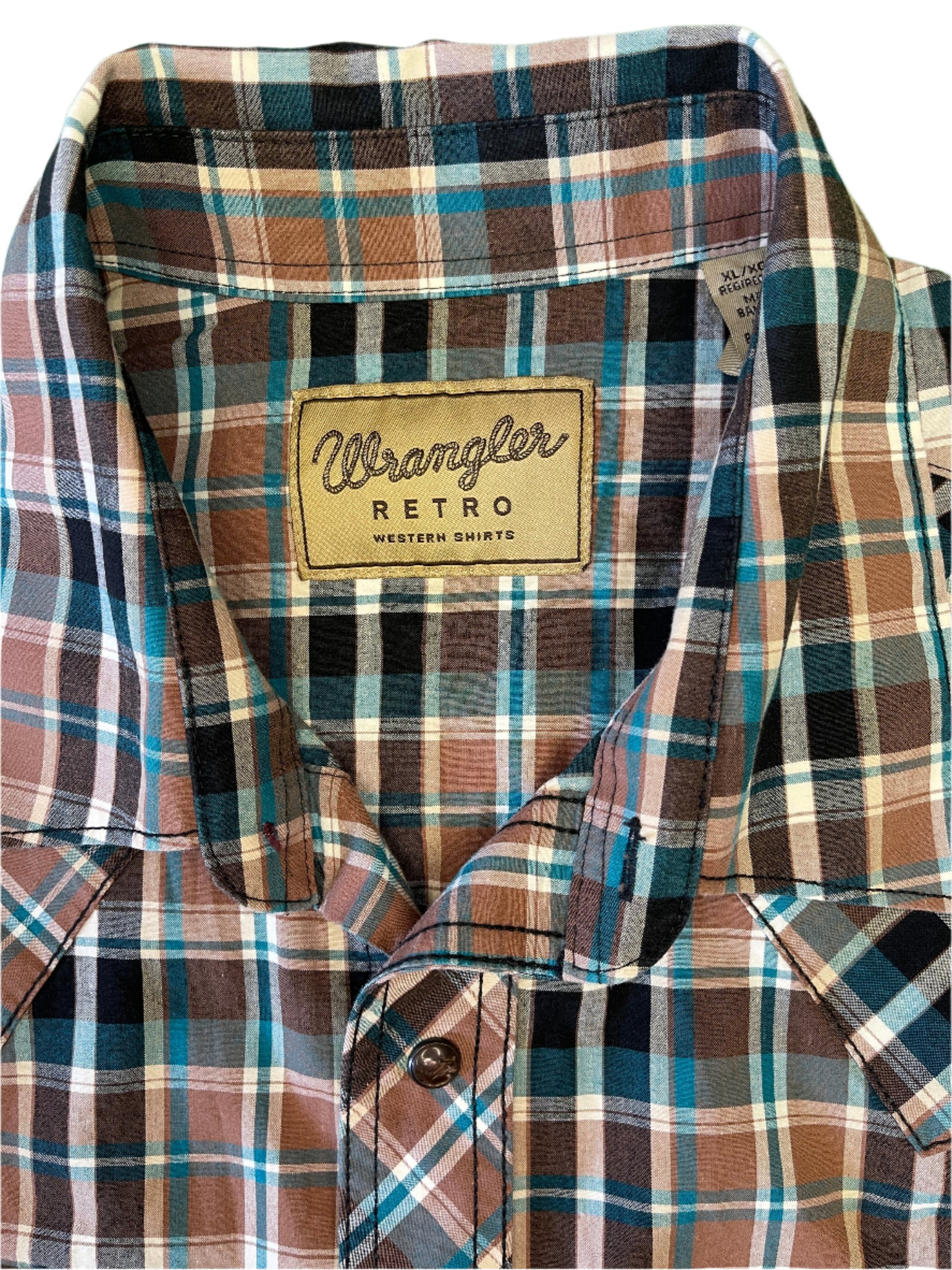 Wrangler Retro Western Shirt Teal Brown Plaid 100% Cotton Men's X-Large