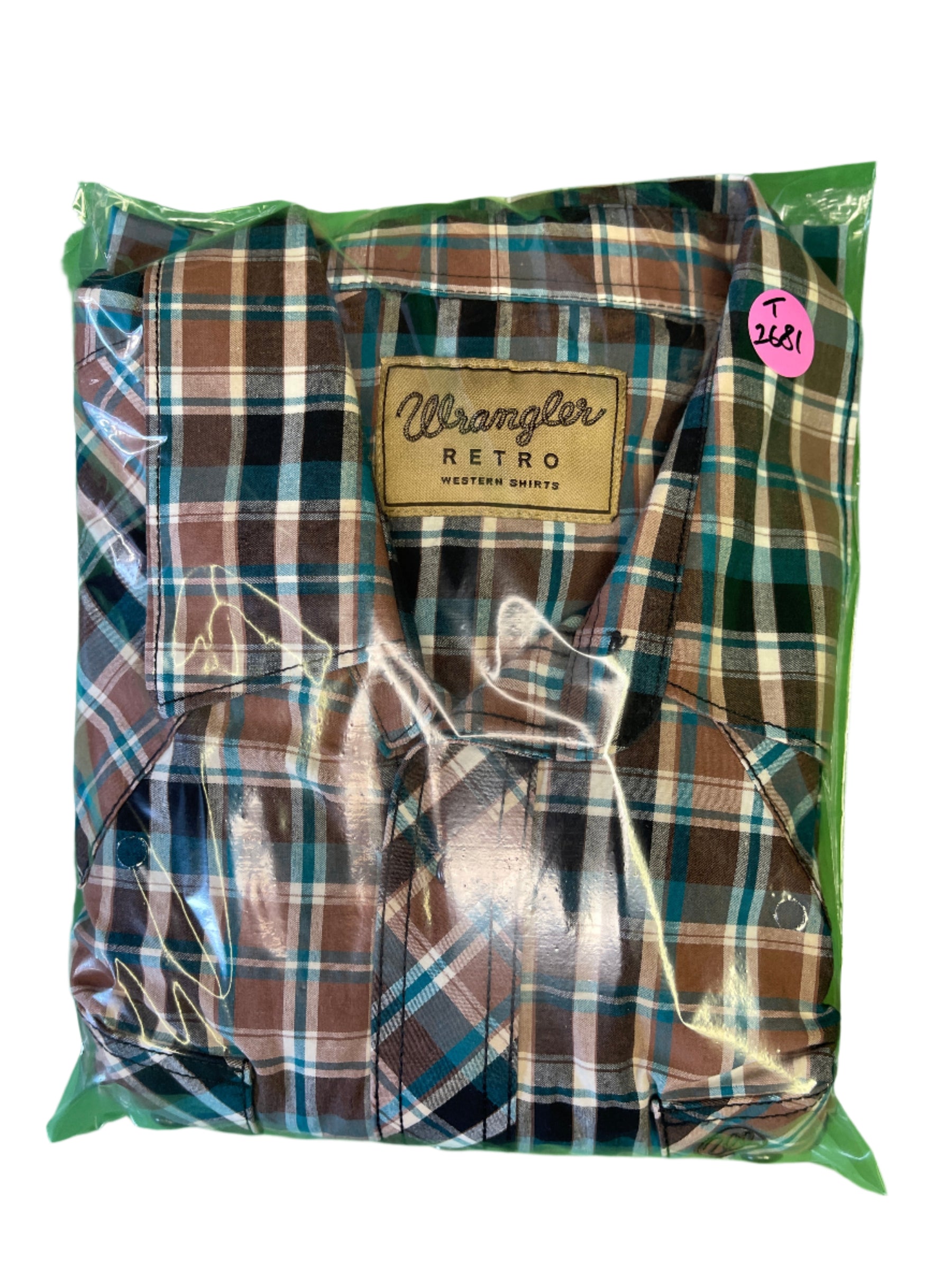 Wrangler Retro Western Shirt Teal Brown Plaid 100% Cotton Men's X-Large
