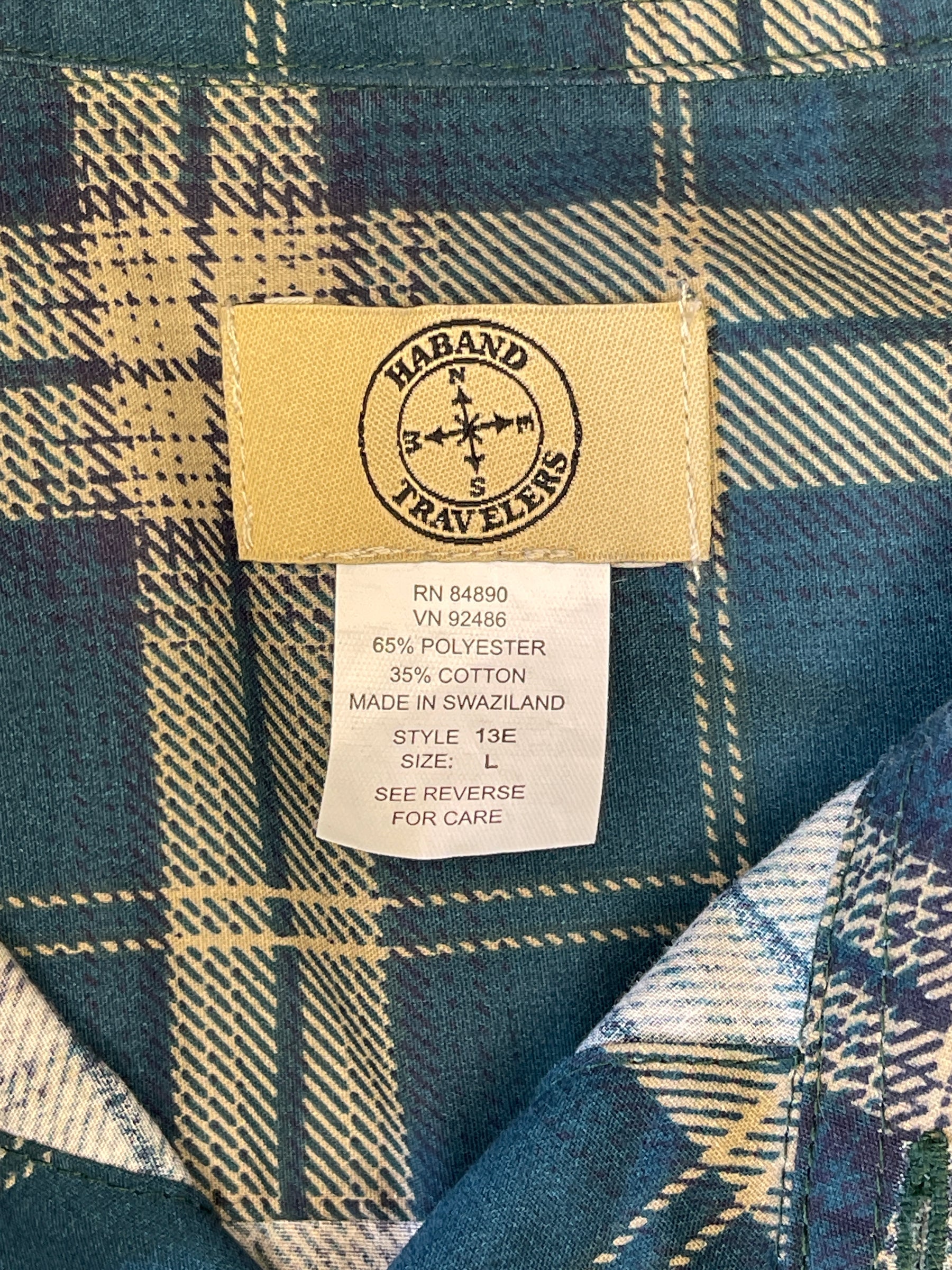 Teal Plaid Khaki L/S Travelling Shirt Wrinkle Free Hiking Men's Large