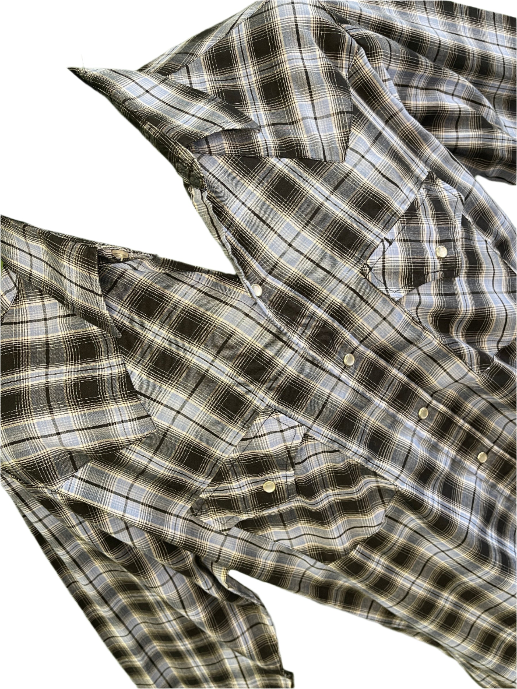 Ely Cattleman Western L/S Blue Black Plaid Shirt Poppers Men's Medium